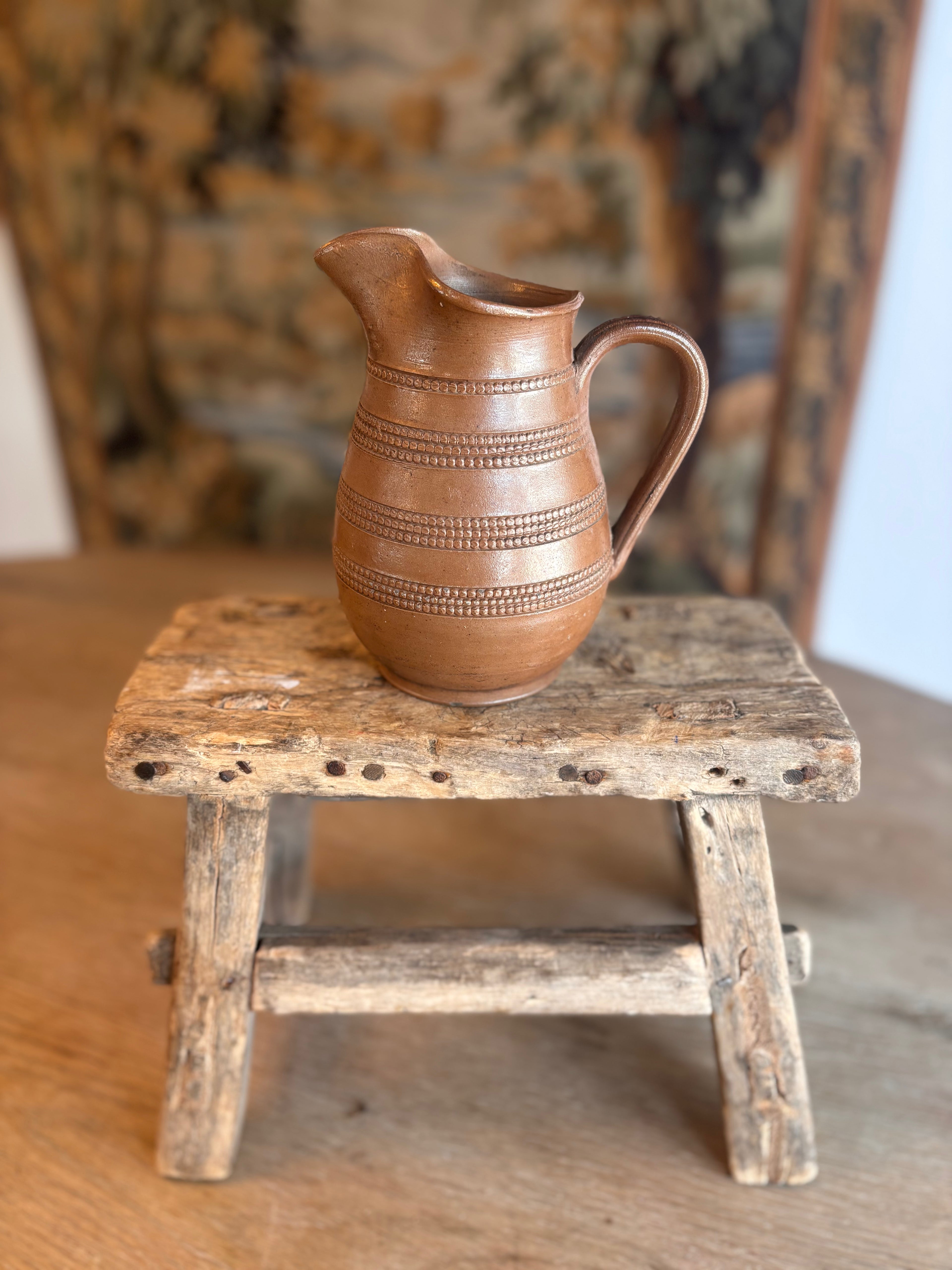 Vintage French Berry Stoneware Jug with Beaded Decoration