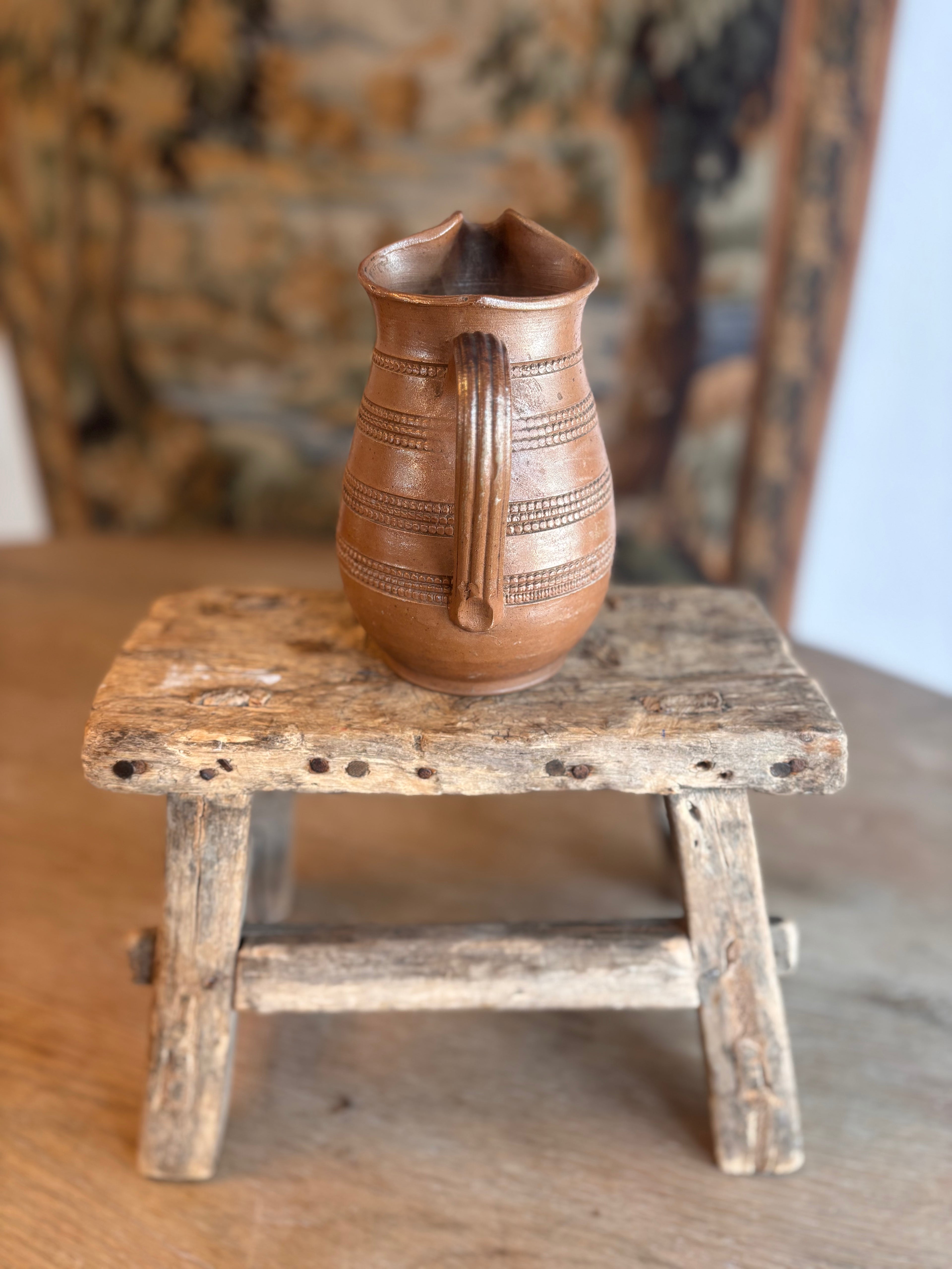 Vintage French Berry Stoneware Jug with Beaded Decoration