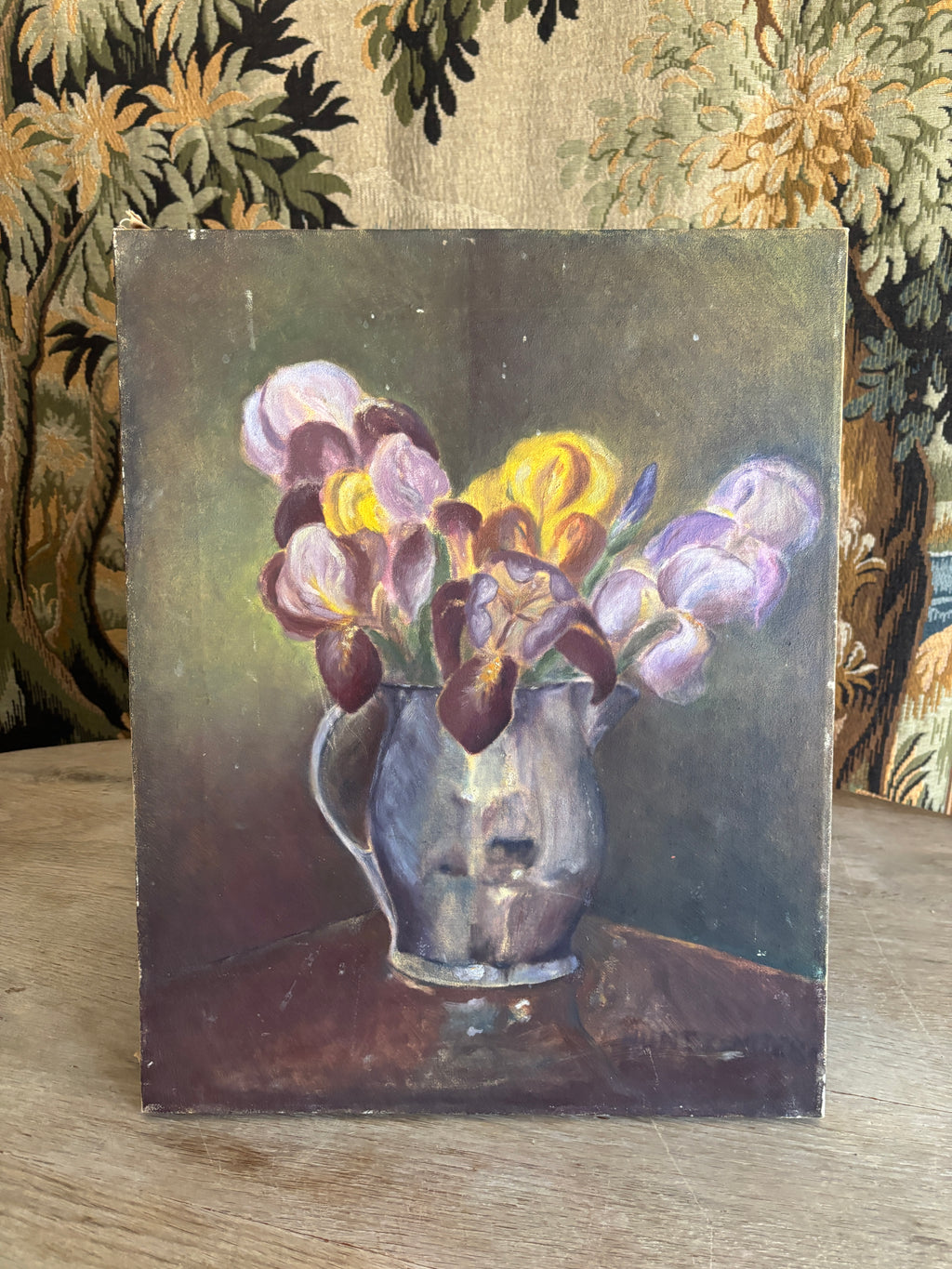 Vintage Iris Still Life Oil Painting