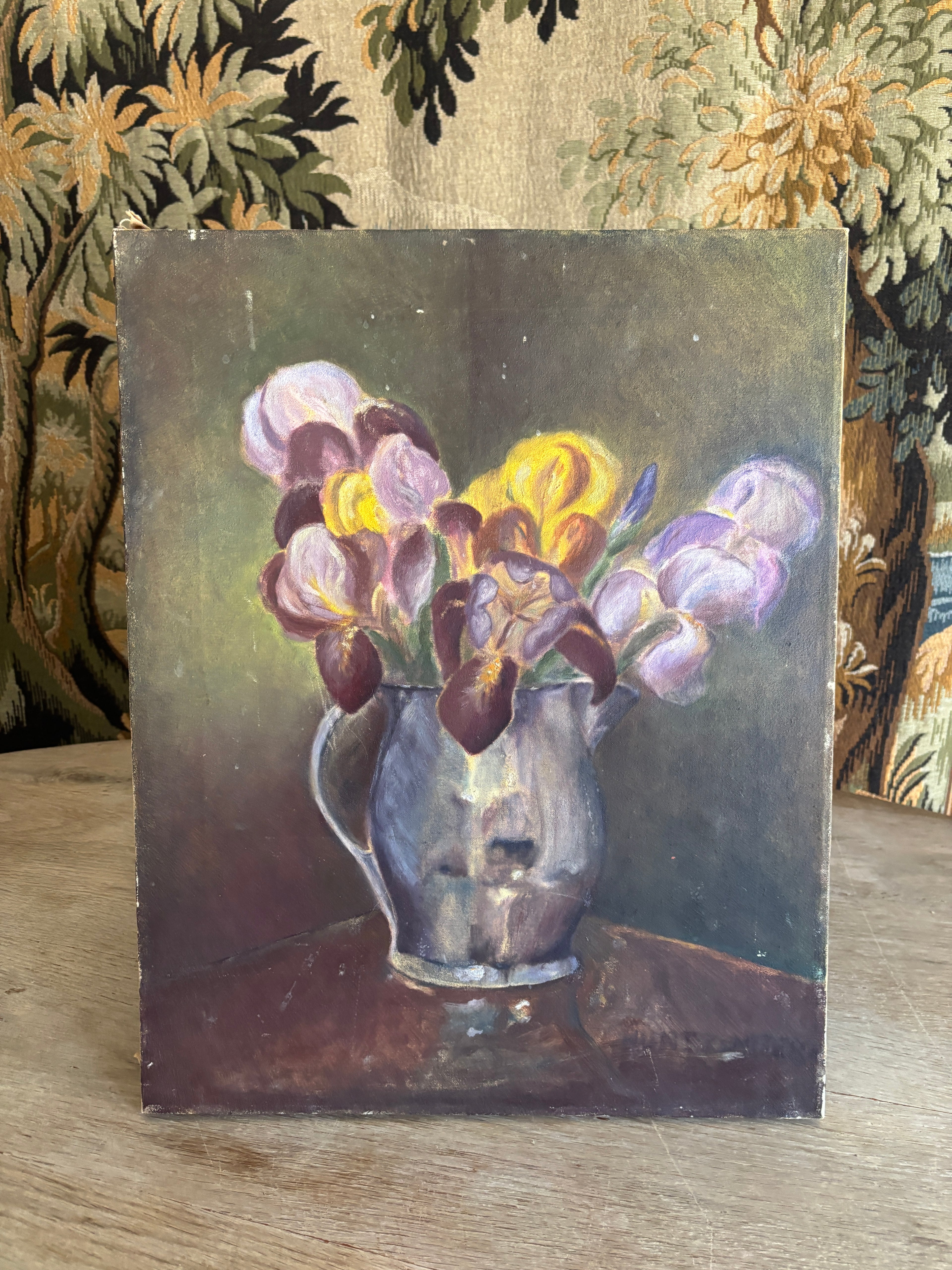 Vintage Iris Still Life Oil Painting