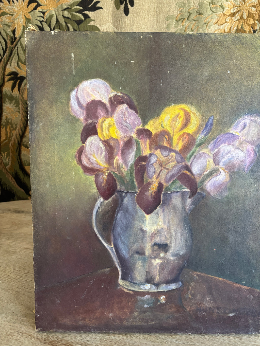 Vintage Iris Still Life Oil Painting