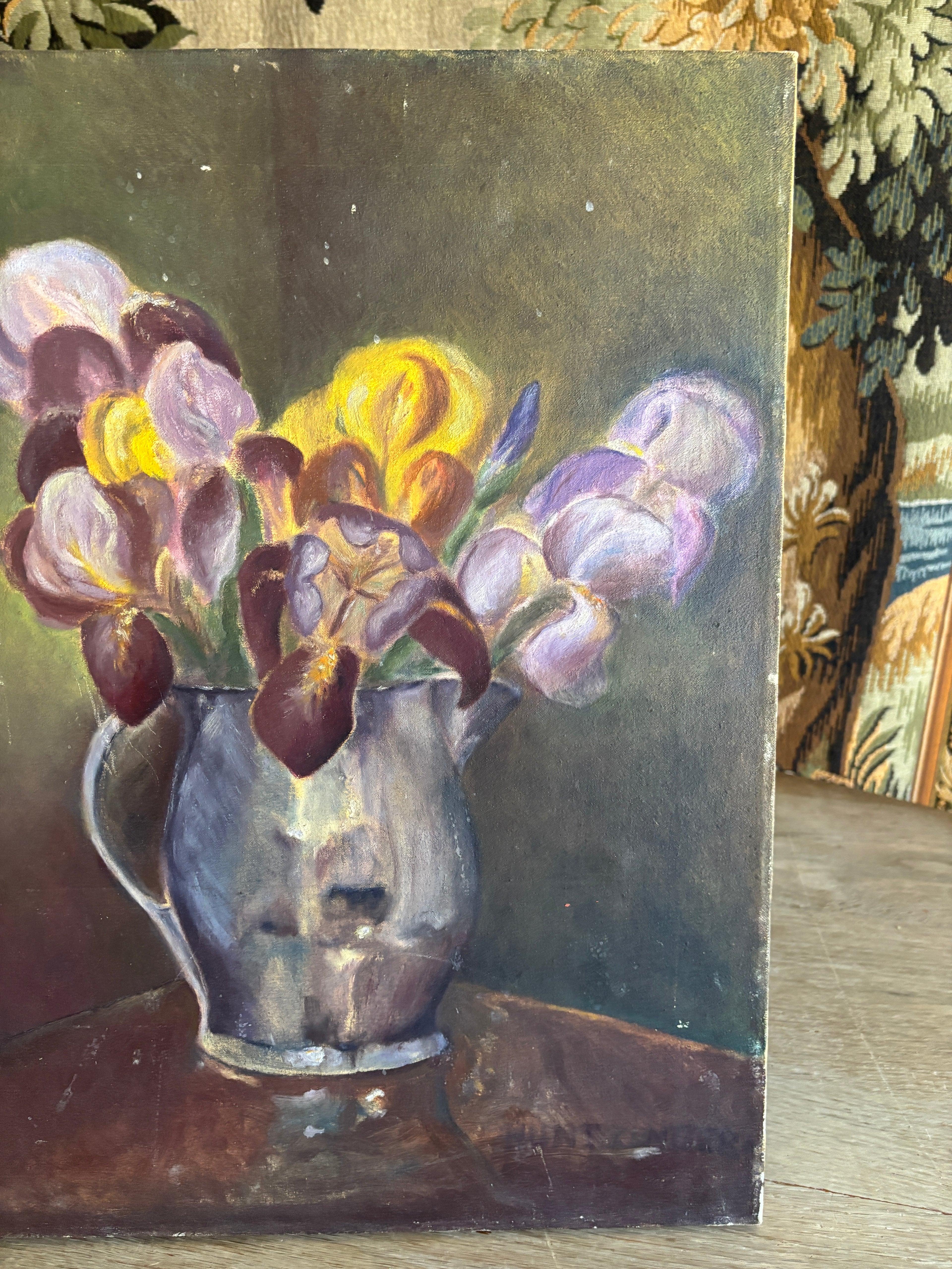 Vintage Iris Still Life Oil Painting
