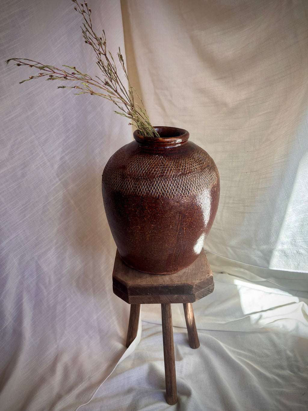 Vintage Textured Brown Stoneware Vessel