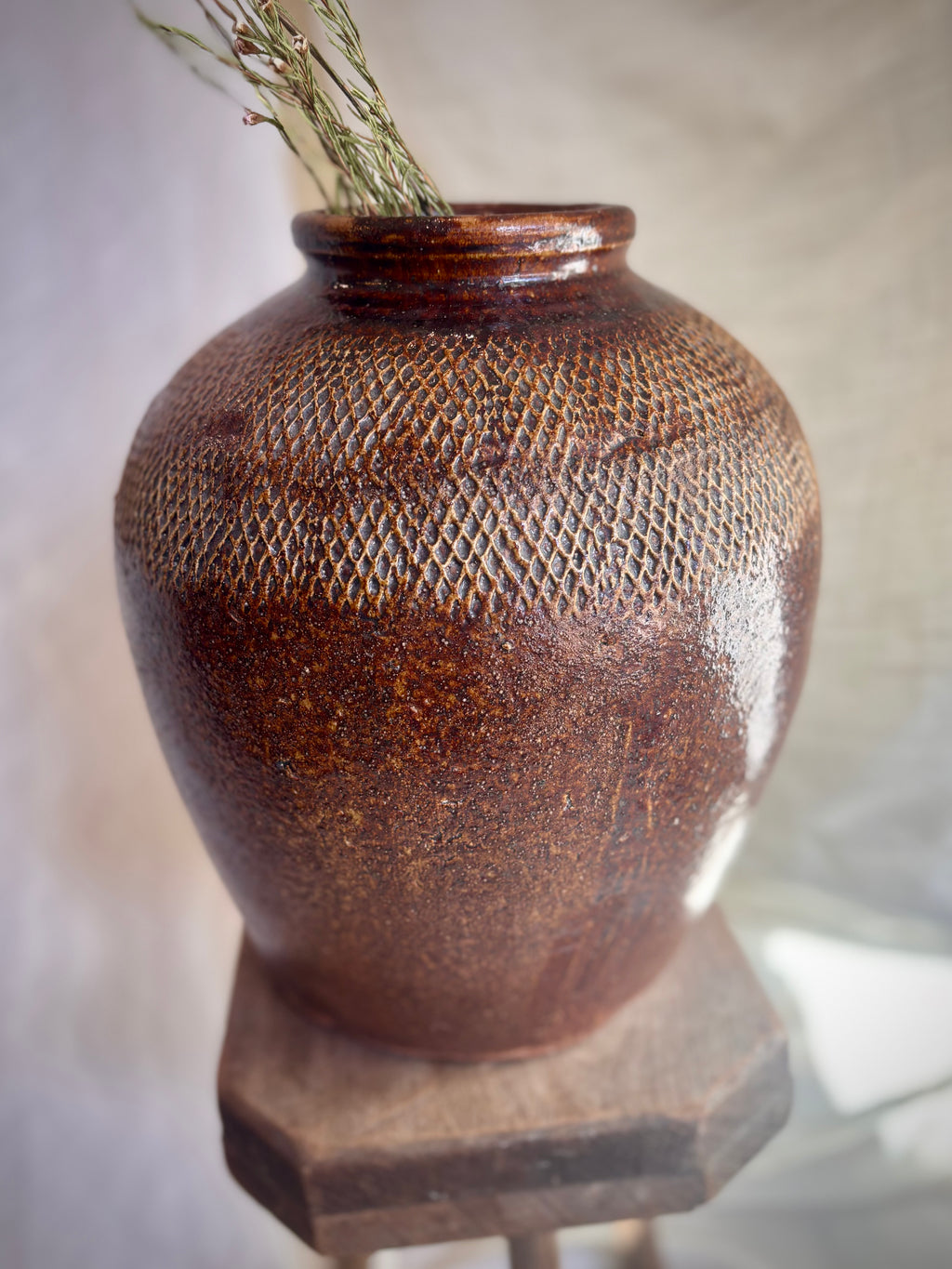 Vintage Textured Brown Stoneware Vessel