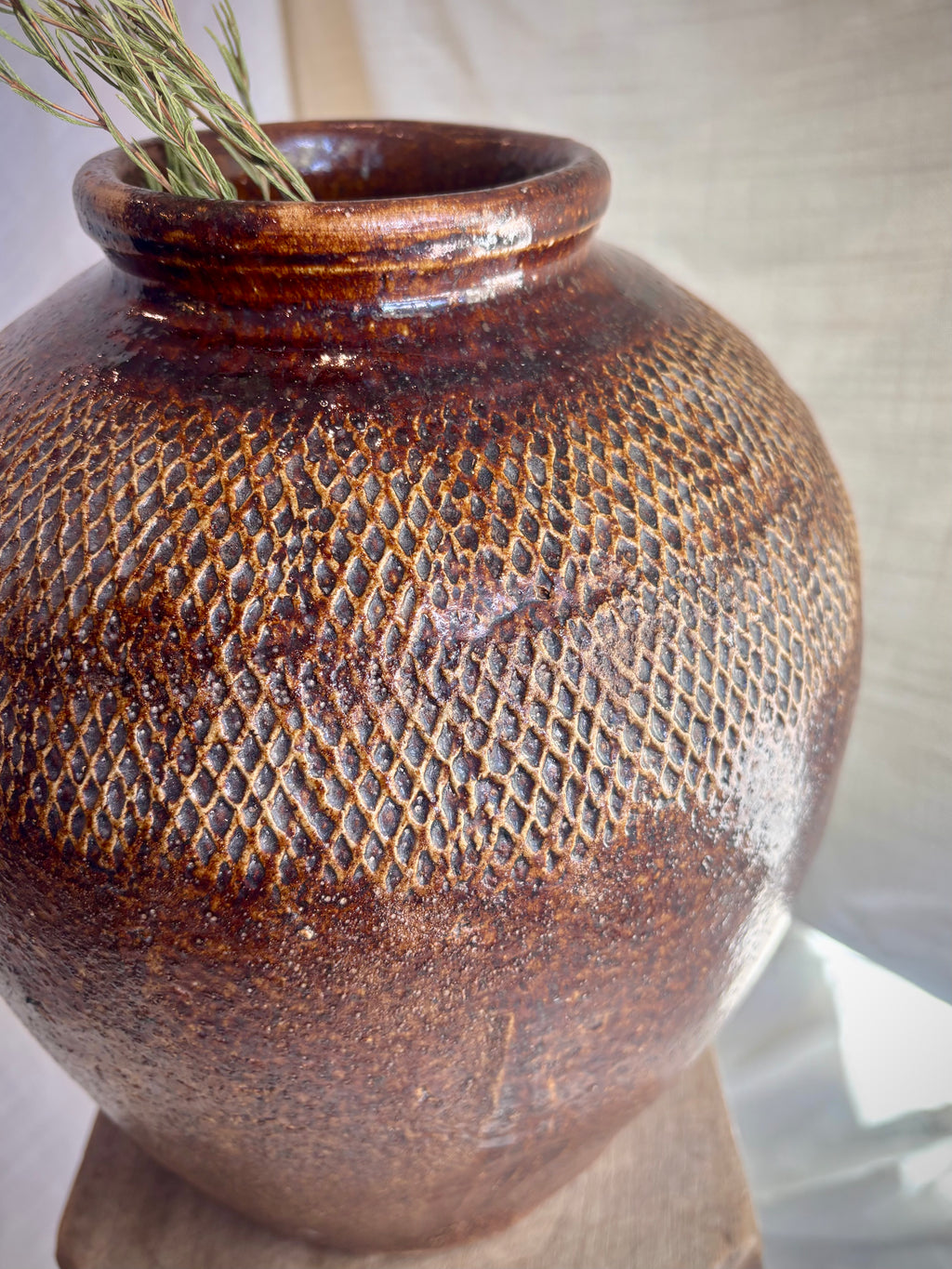 Vintage Textured Brown Stoneware Vessel