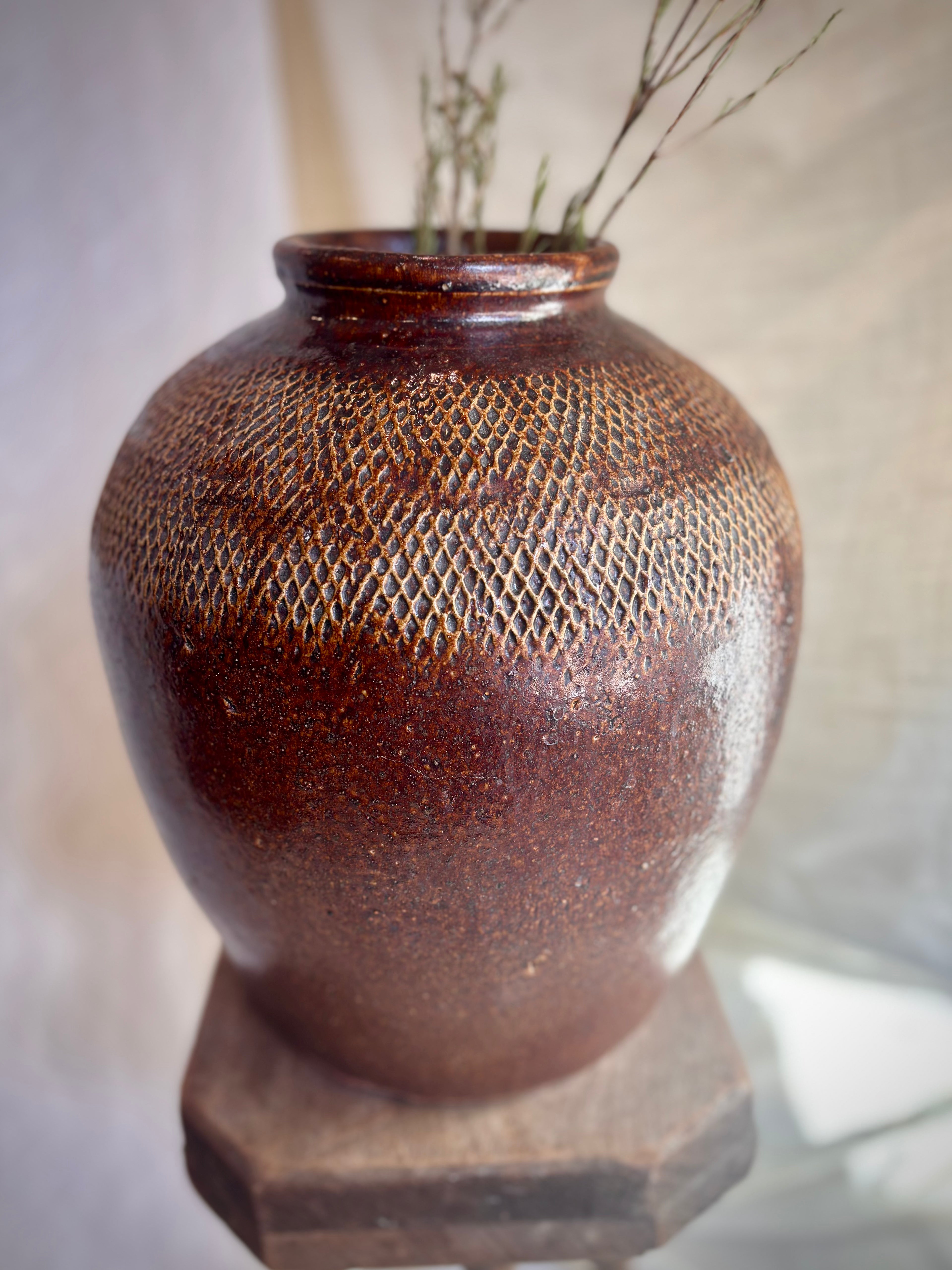 Vintage Textured Brown Stoneware Vessel