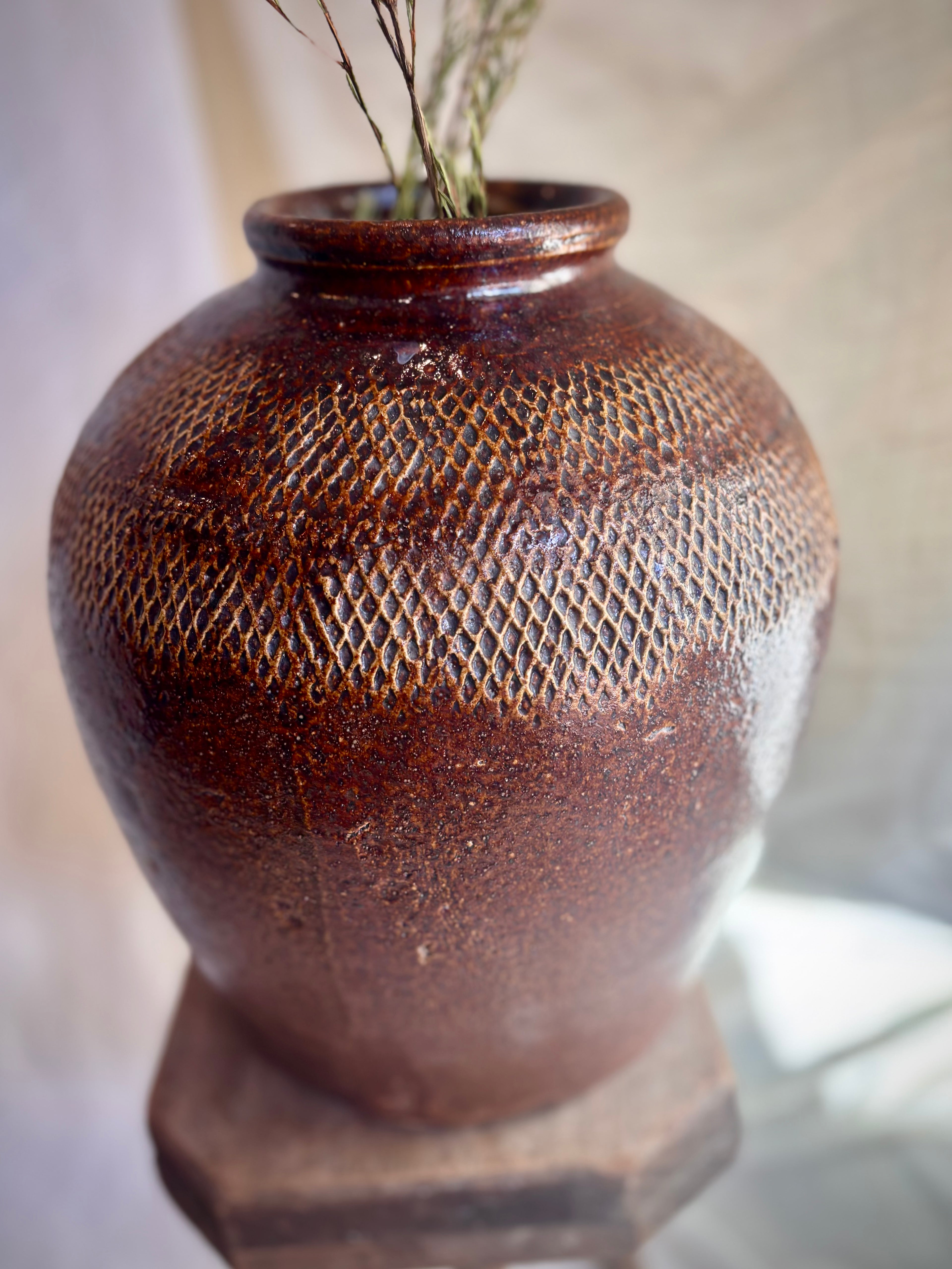 Vintage Textured Brown Stoneware Vessel