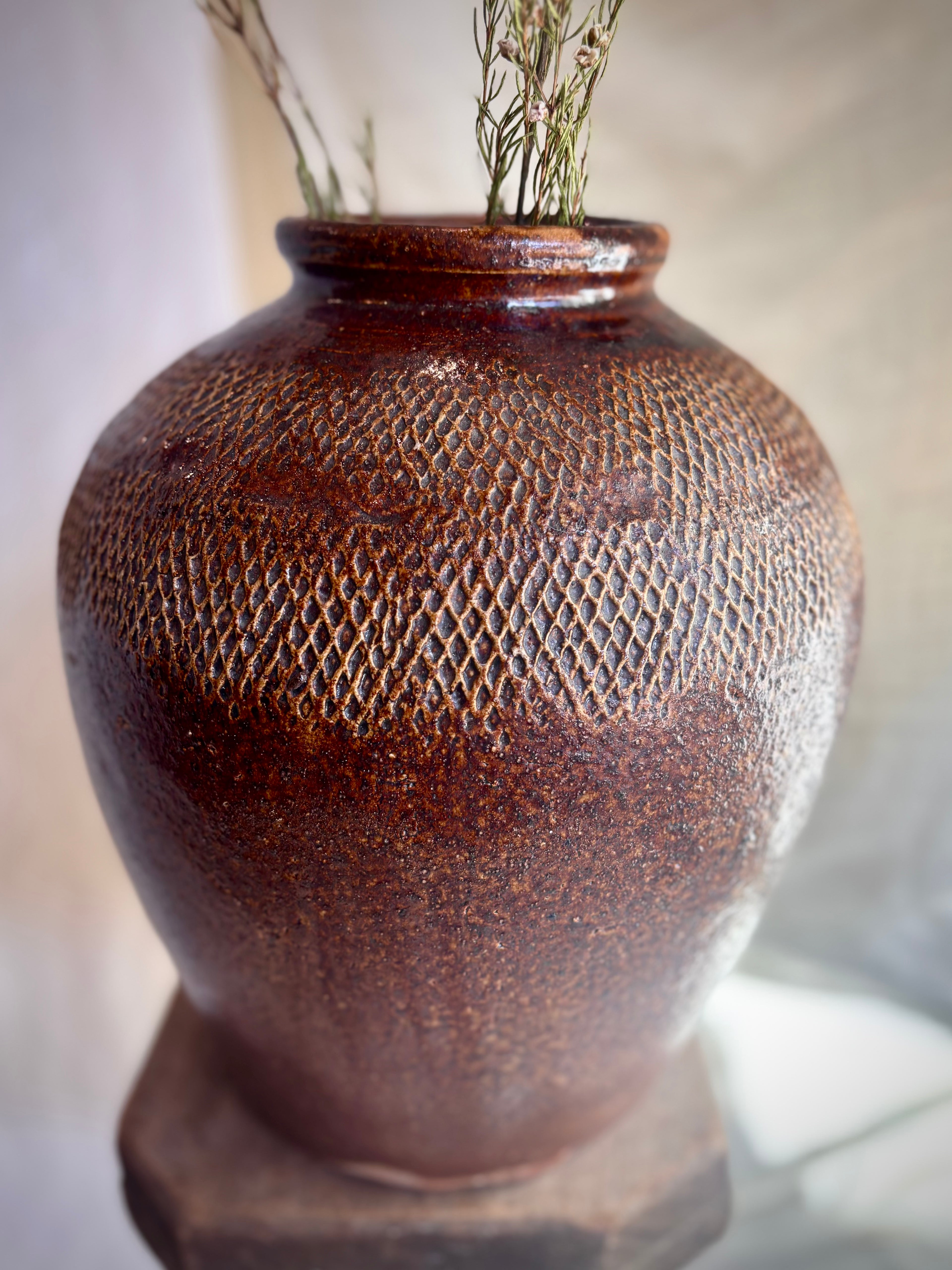 Vintage Textured Brown Stoneware Vessel