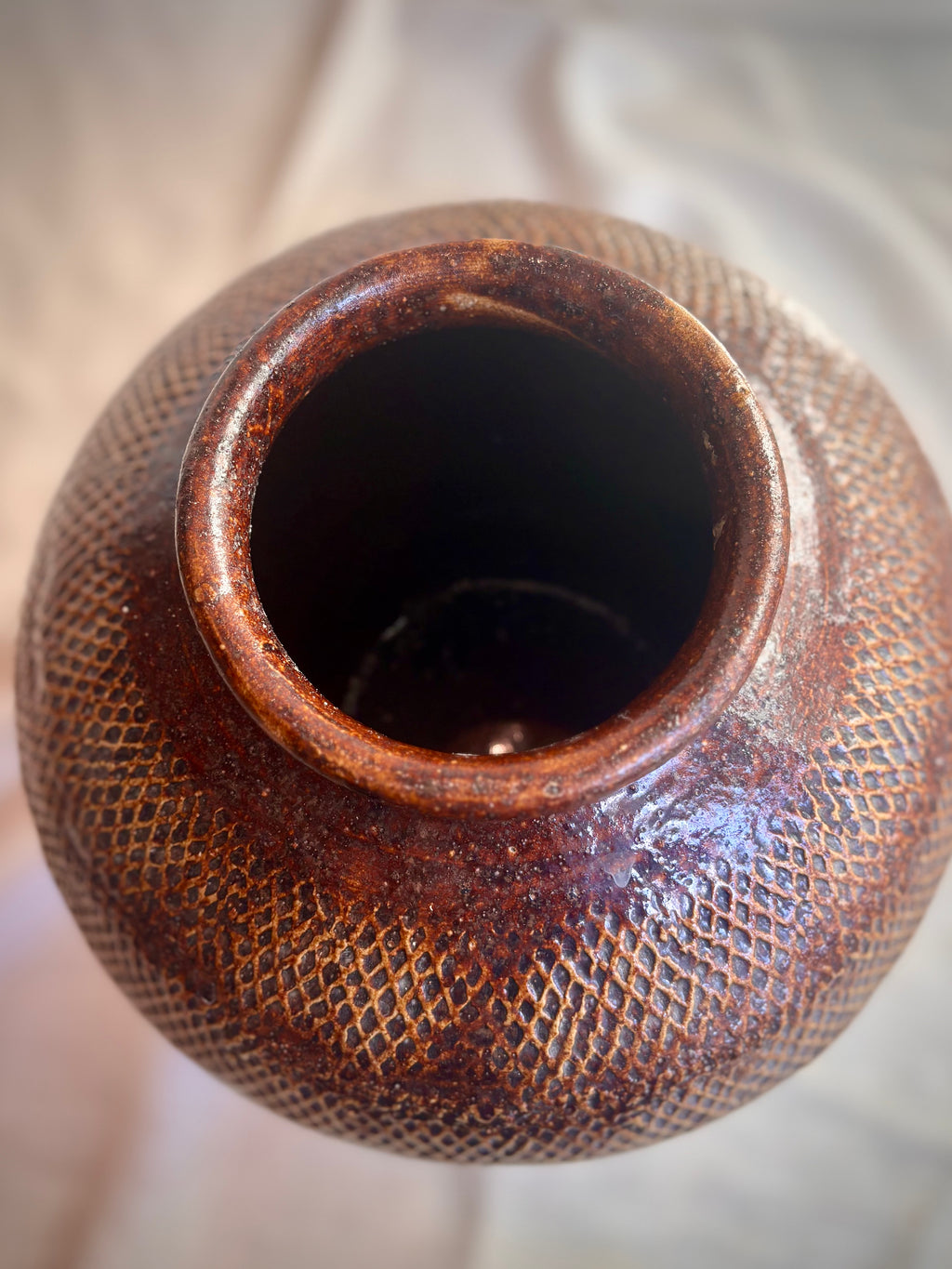 Vintage Textured Brown Stoneware Vessel