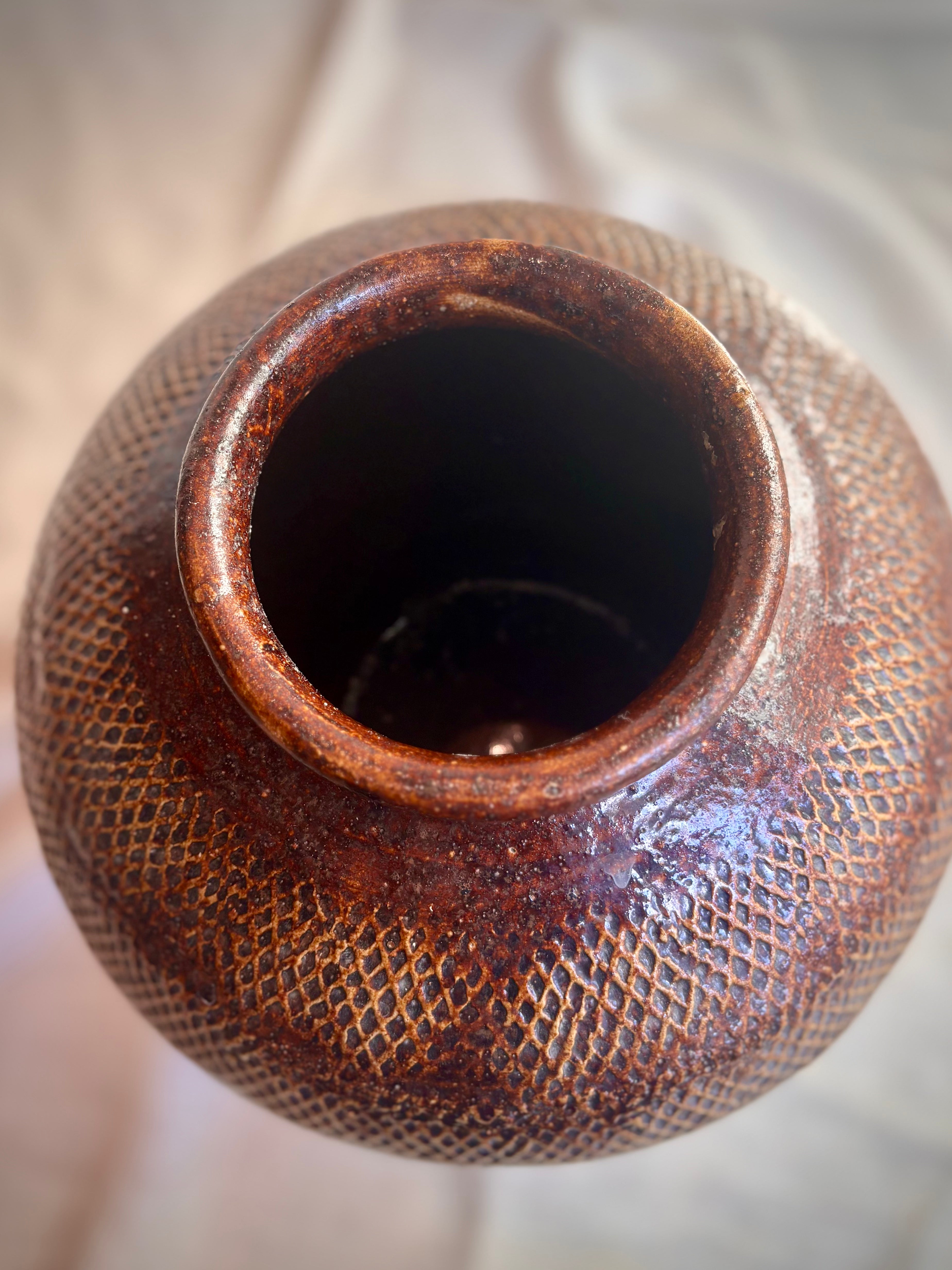 Vintage Textured Brown Stoneware Vessel