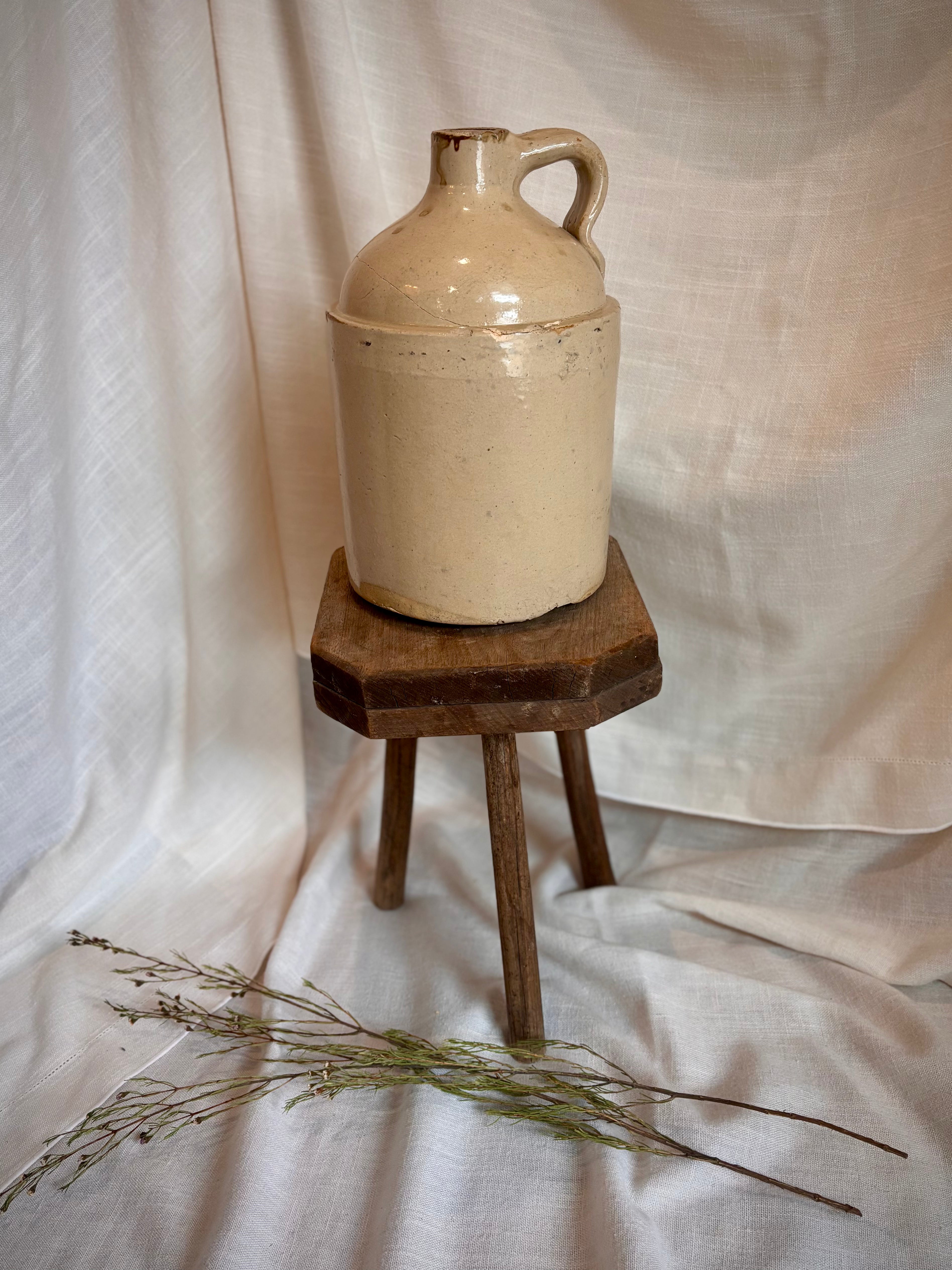 Repaired Vintage Ivory Stoneware Jug