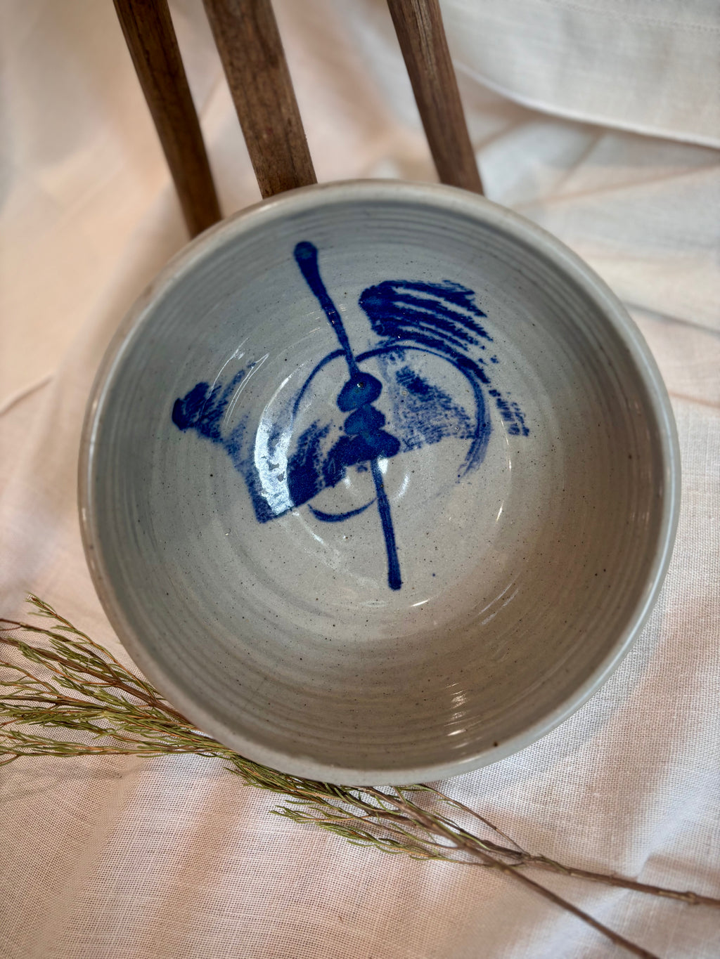 European Studio Stoneware Bowl with Cobalt Brushwork