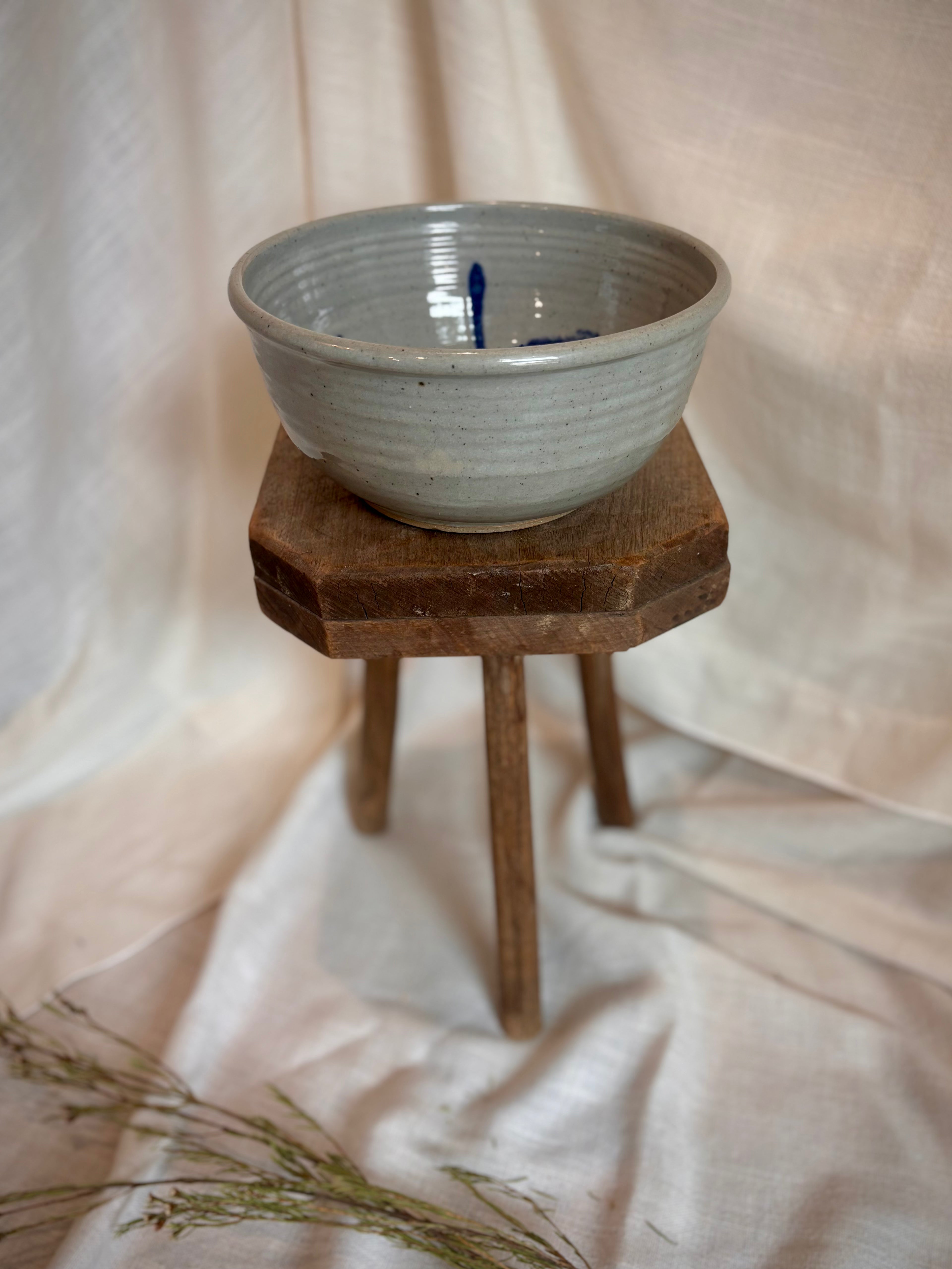 European Studio Stoneware Bowl with Cobalt Brushwork