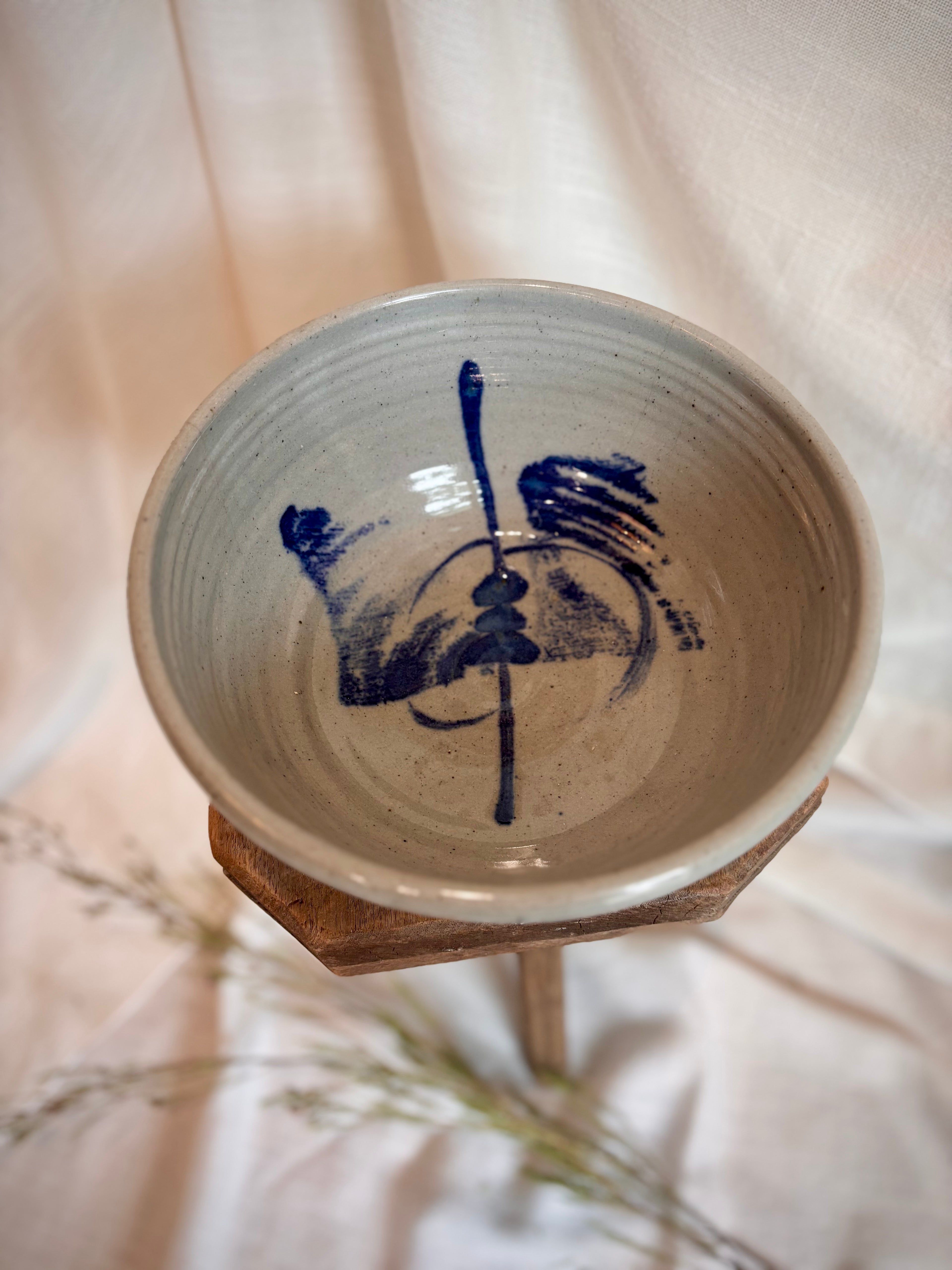 European Studio Stoneware Bowl with Cobalt Brushwork