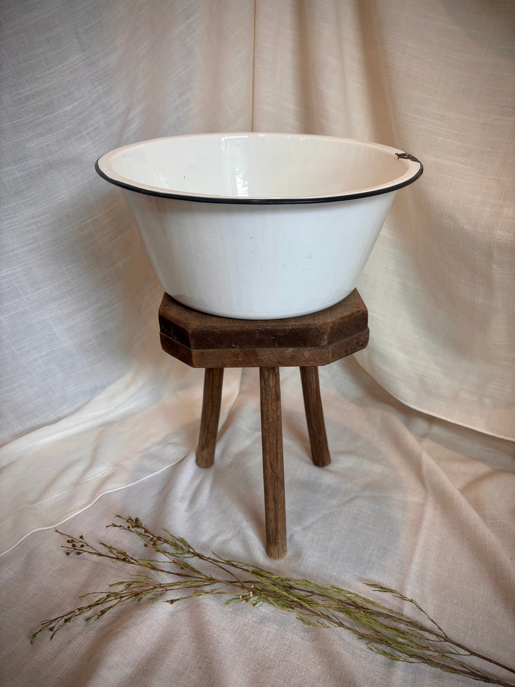 Vintage White Enamelware Basin with Black Rim