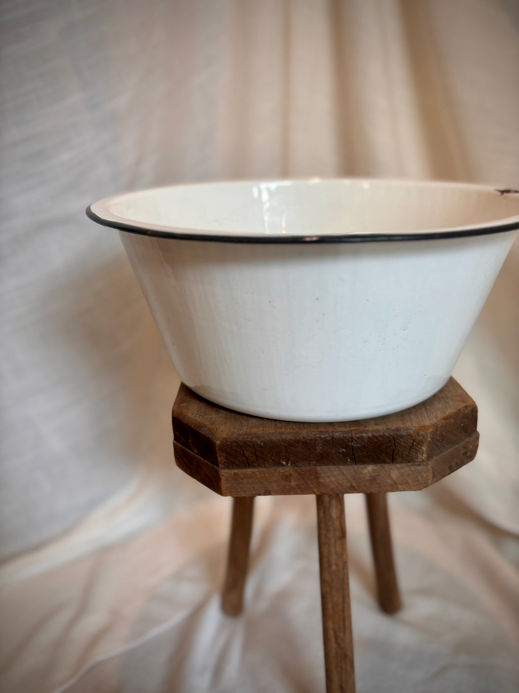 Vintage White Enamelware Basin with Black Rim
