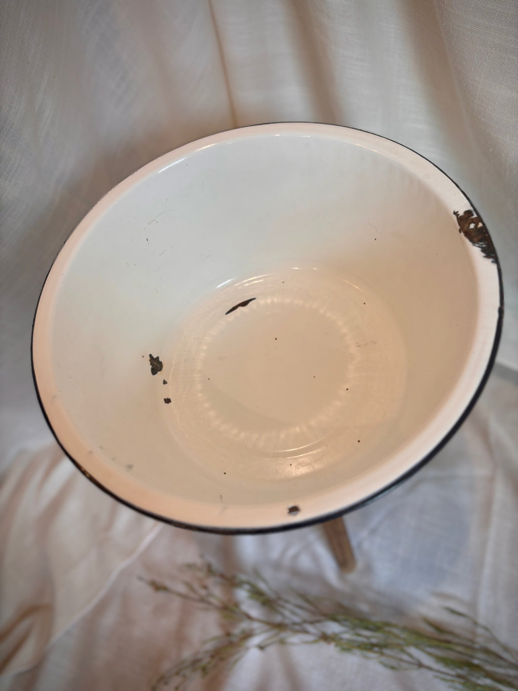 Vintage White Enamelware Basin with Black Rim