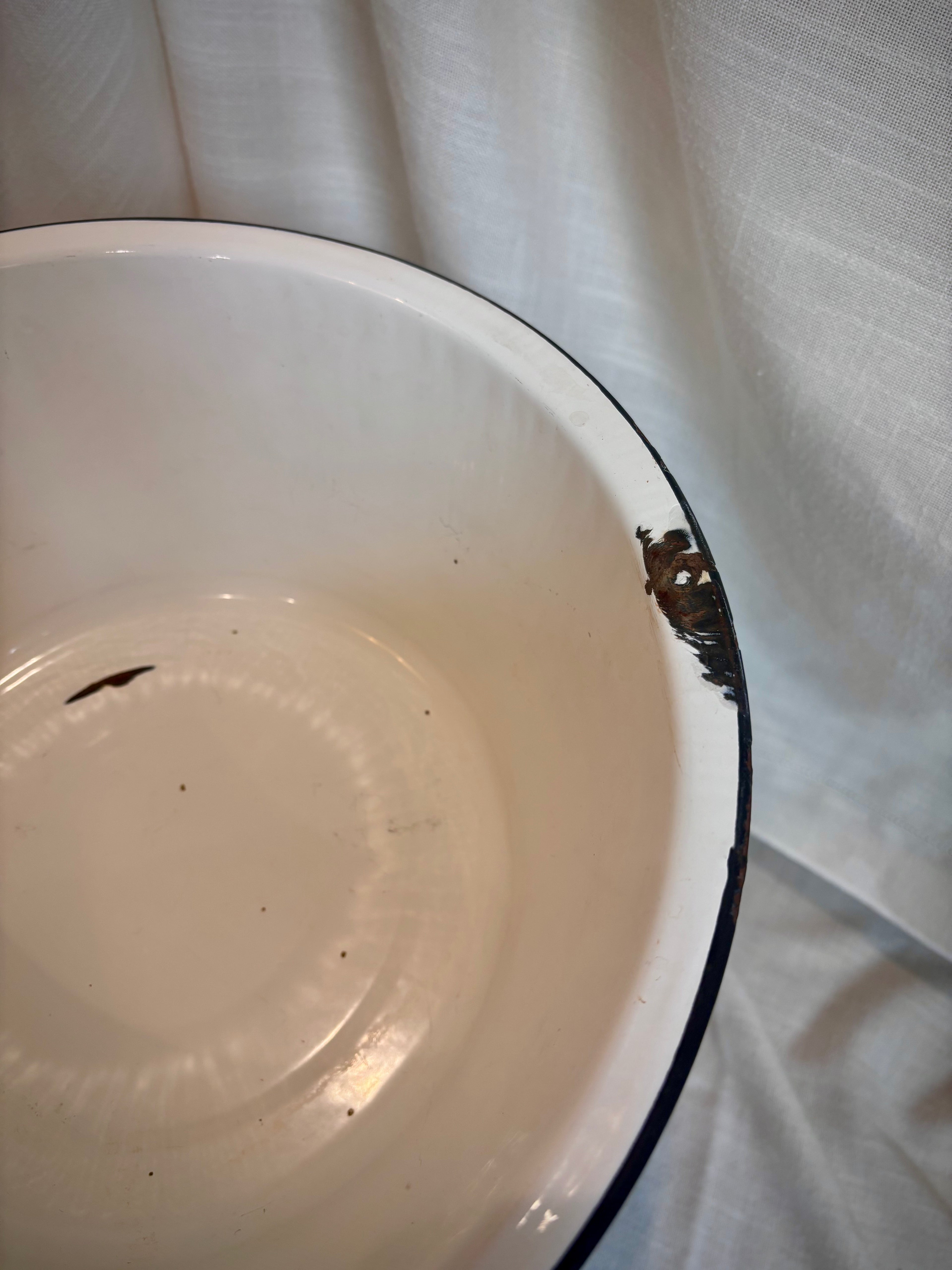 Vintage White Enamelware Basin with Black Rim