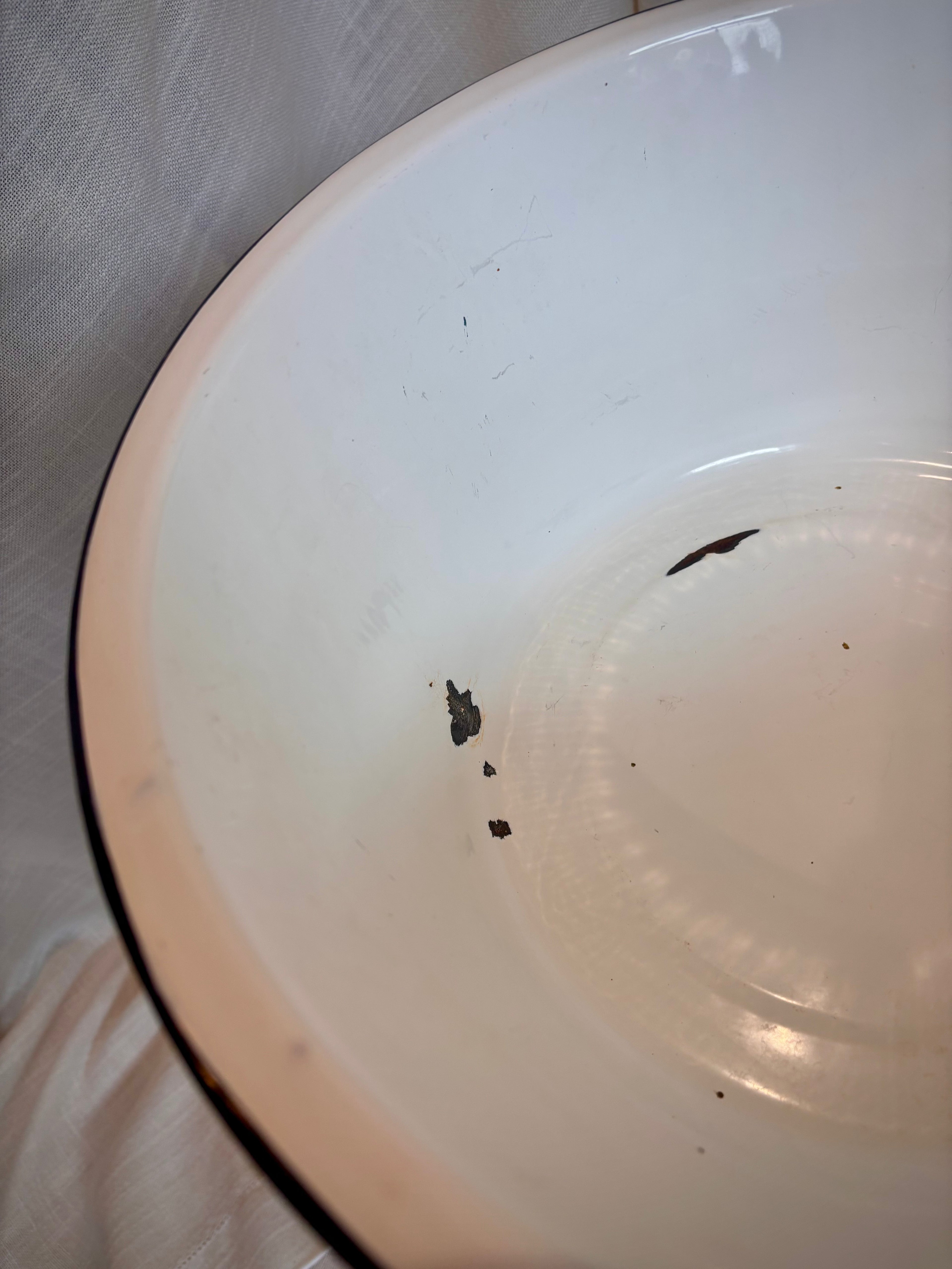 Vintage White Enamelware Basin with Black Rim