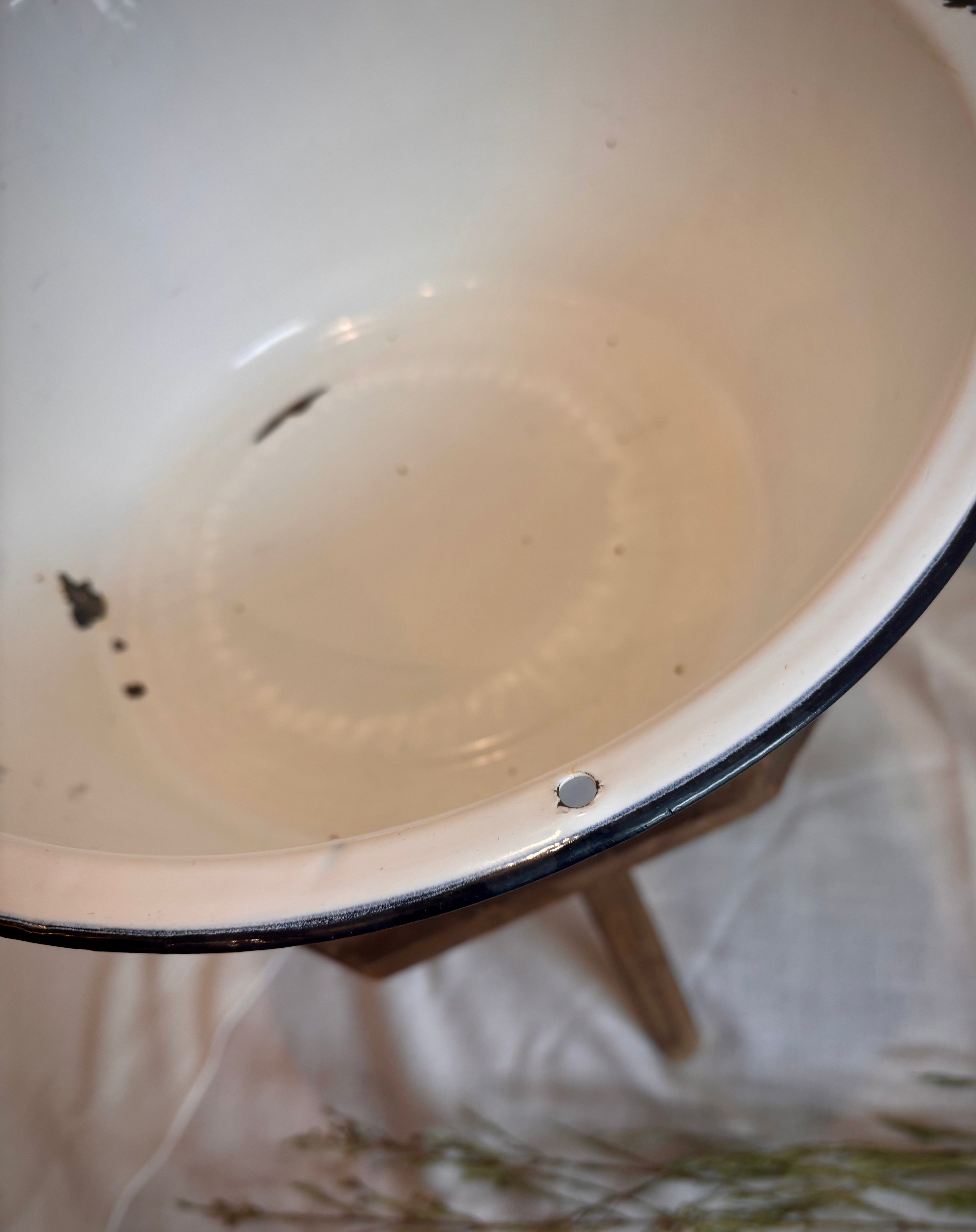 Vintage White Enamelware Basin with Black Rim