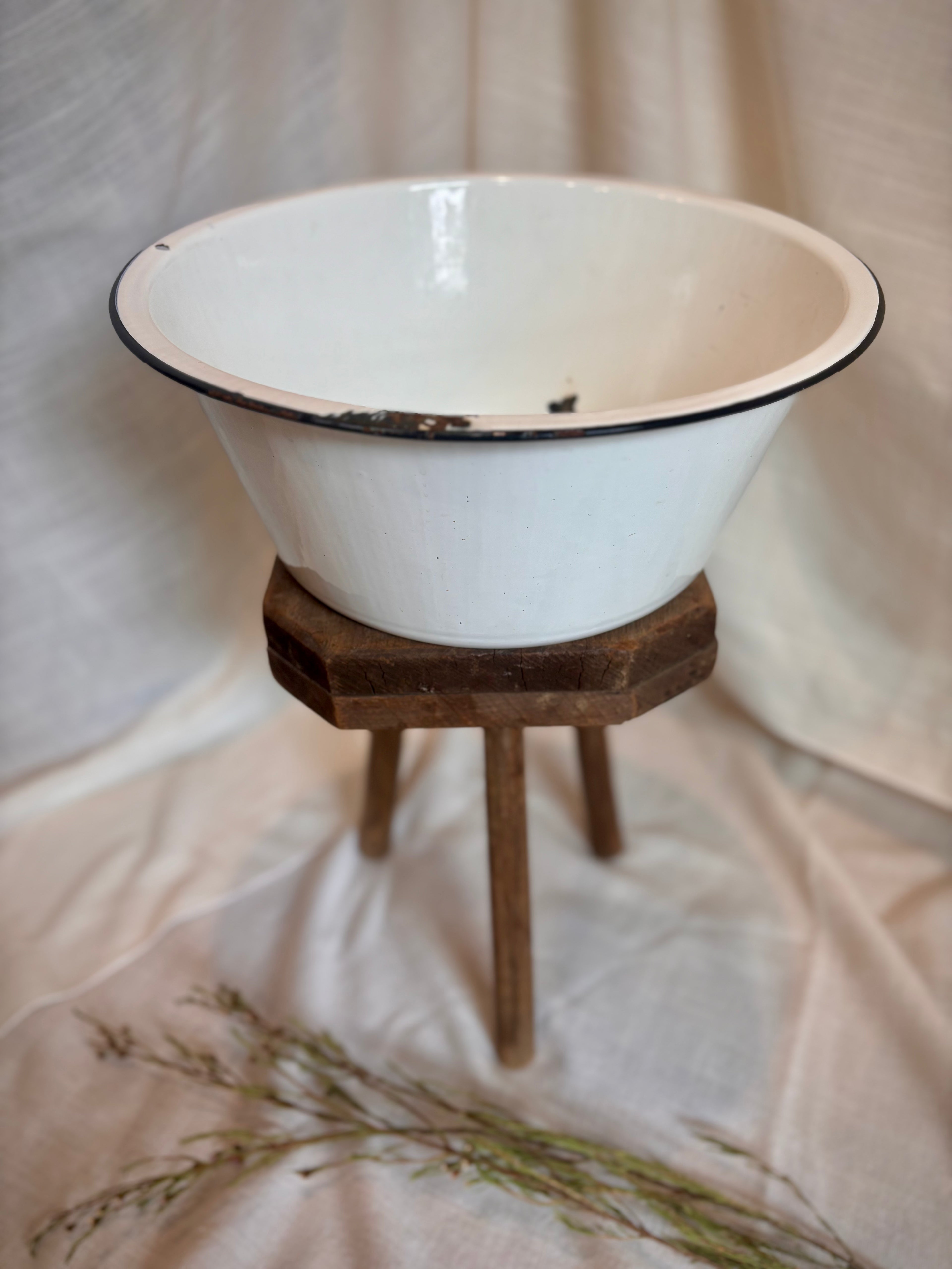 Vintage White Enamelware Basin with Black Rim