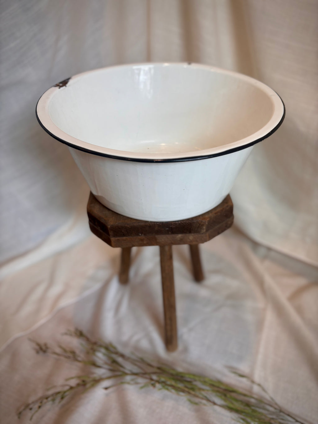 Vintage White Enamelware Basin with Black Rim
