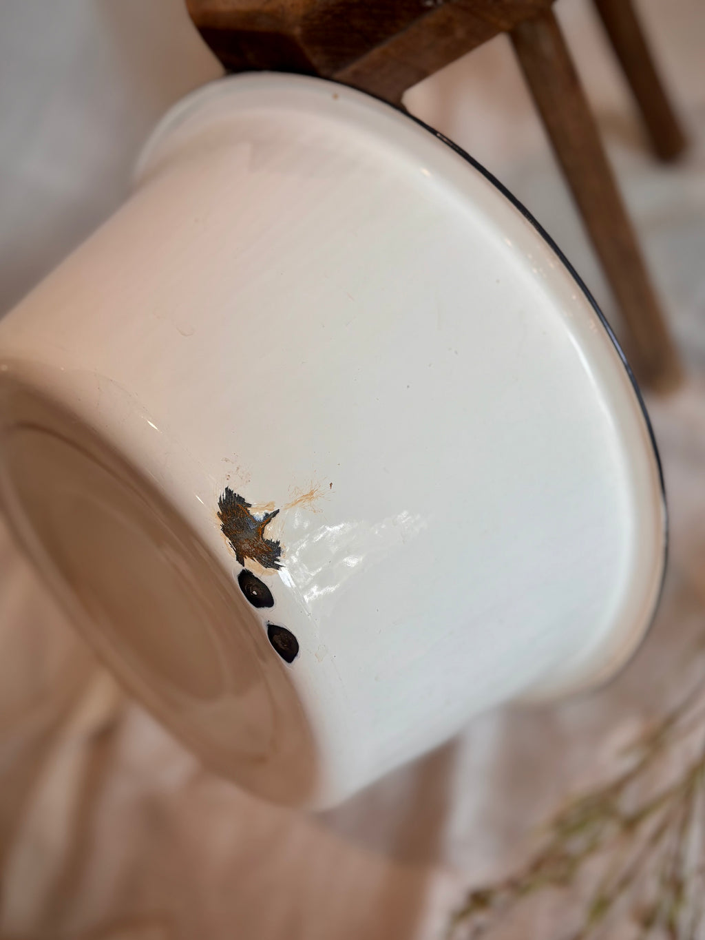 Vintage White Enamelware Basin with Black Rim