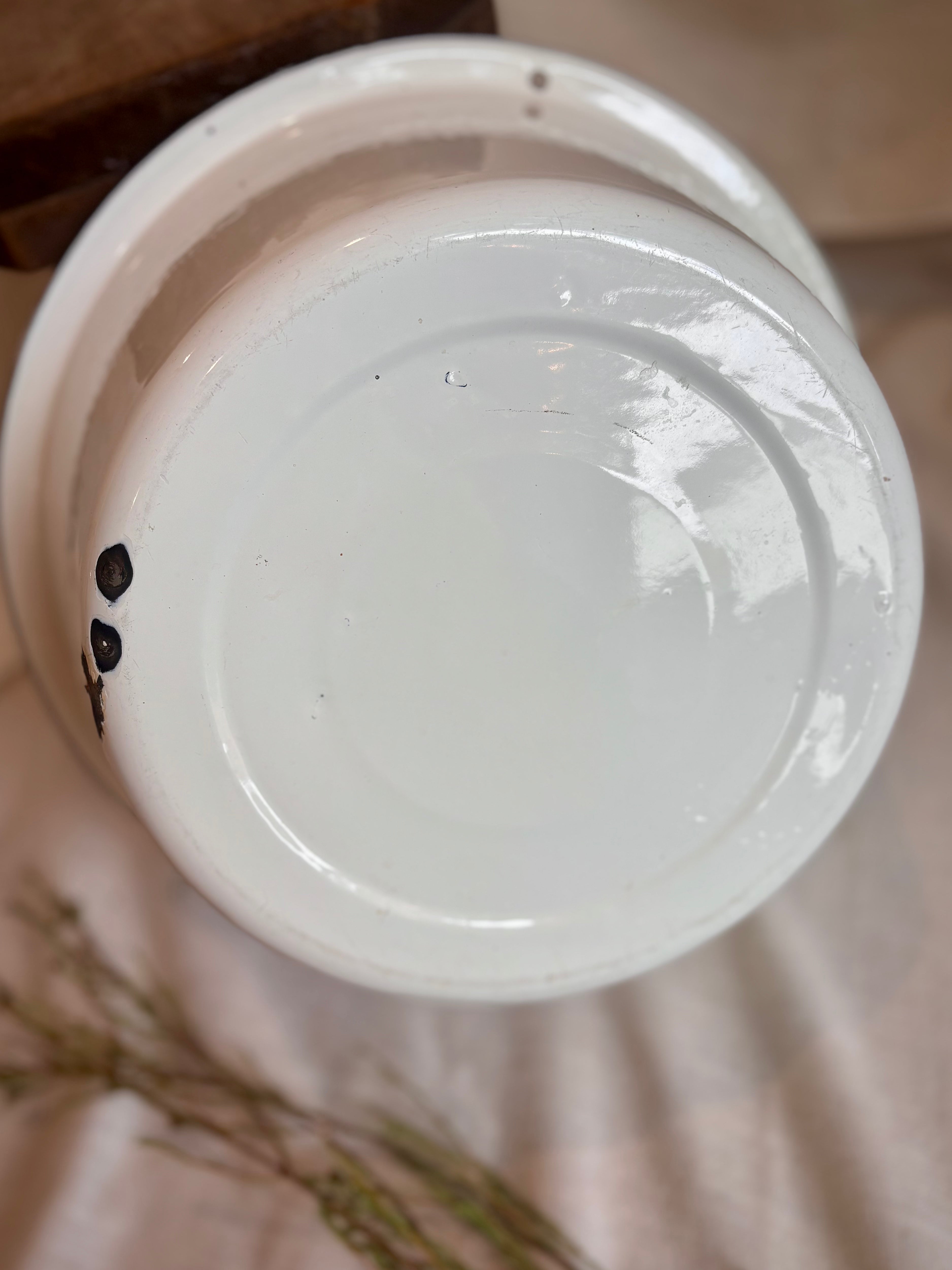 Vintage White Enamelware Basin with Black Rim