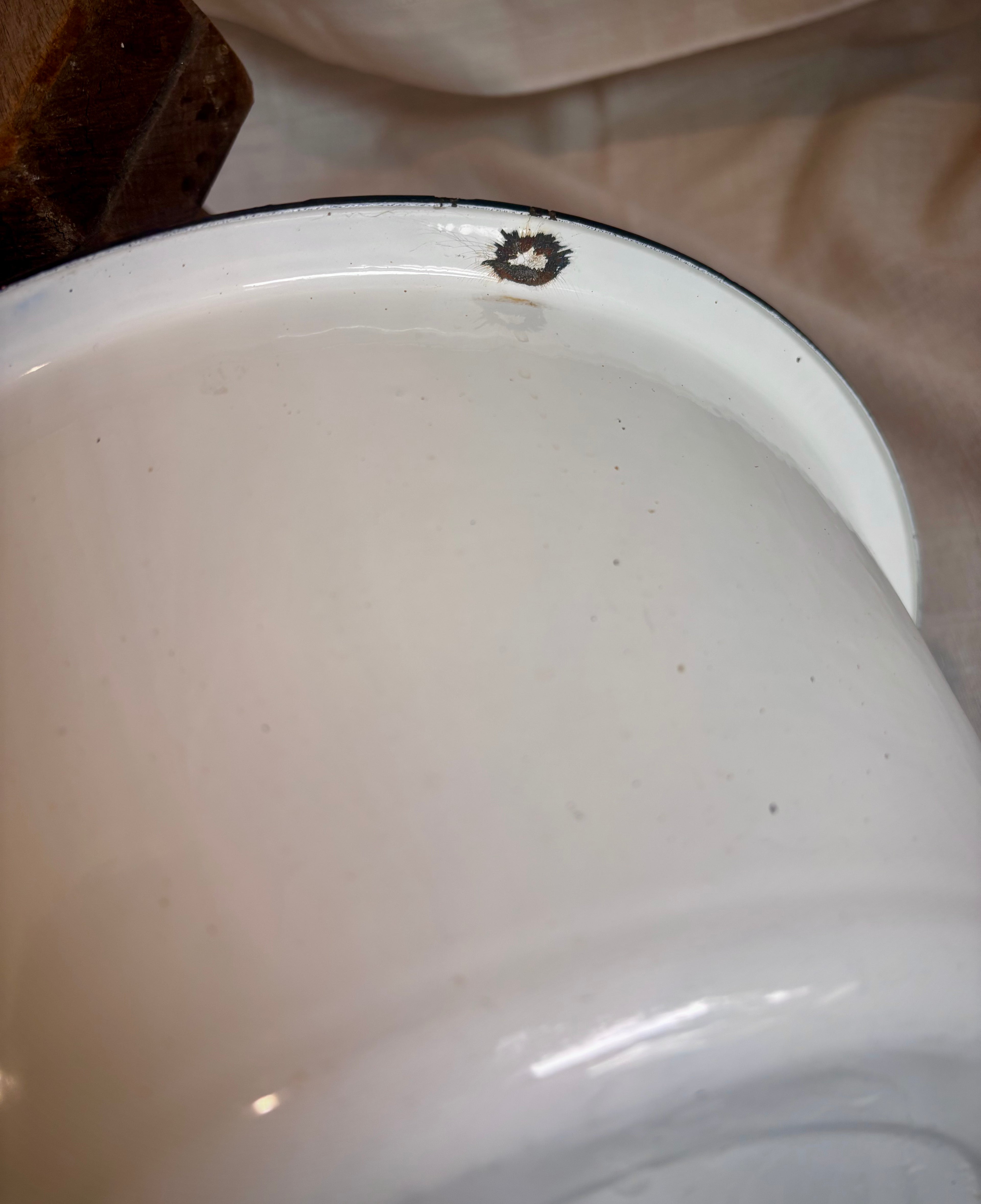 Vintage White Enamelware Basin with Black Rim