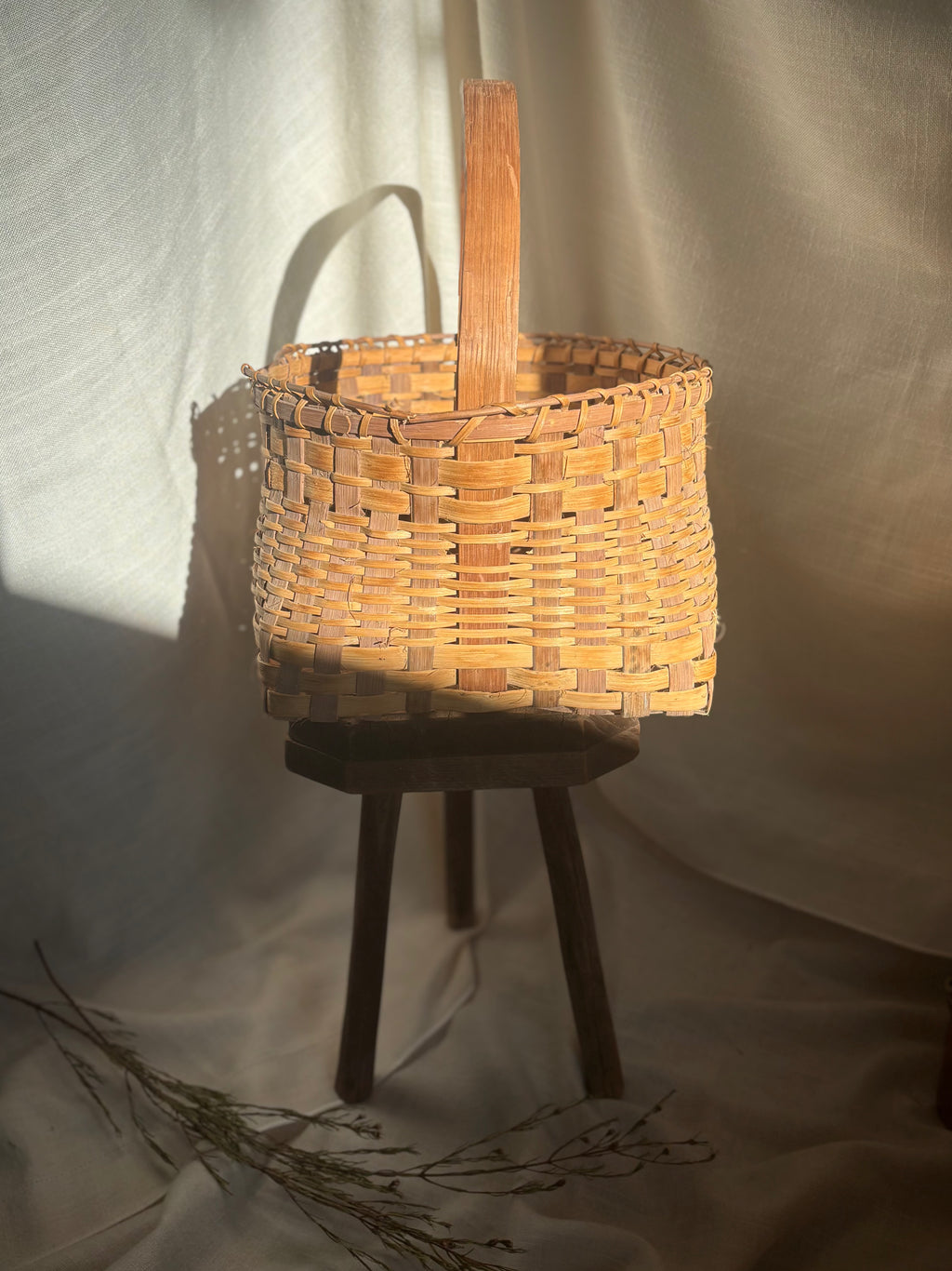 Woven Vintage Gathering Basket With Bentwood Handle
