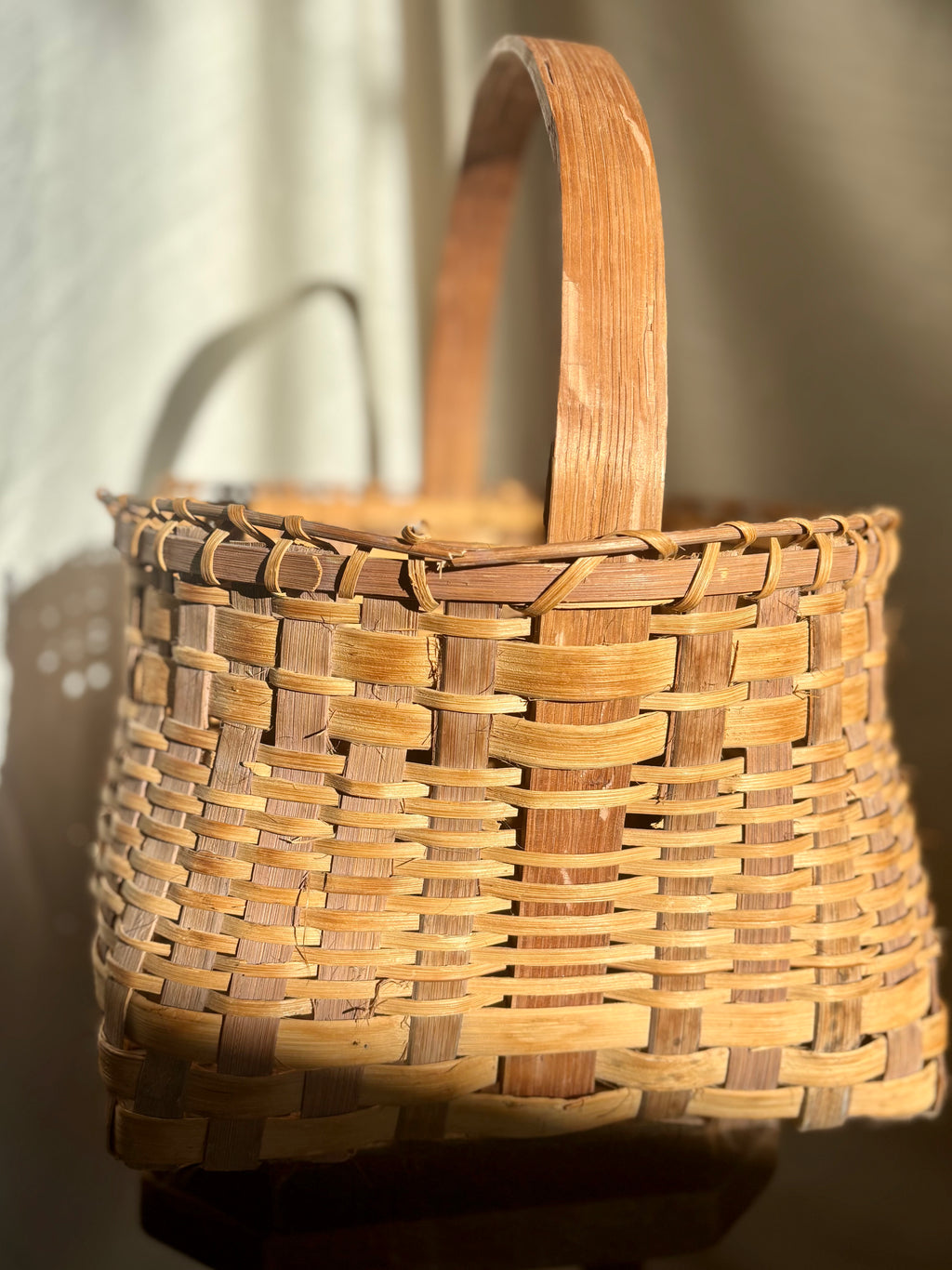 Woven Vintage Gathering Basket With Bentwood Handle
