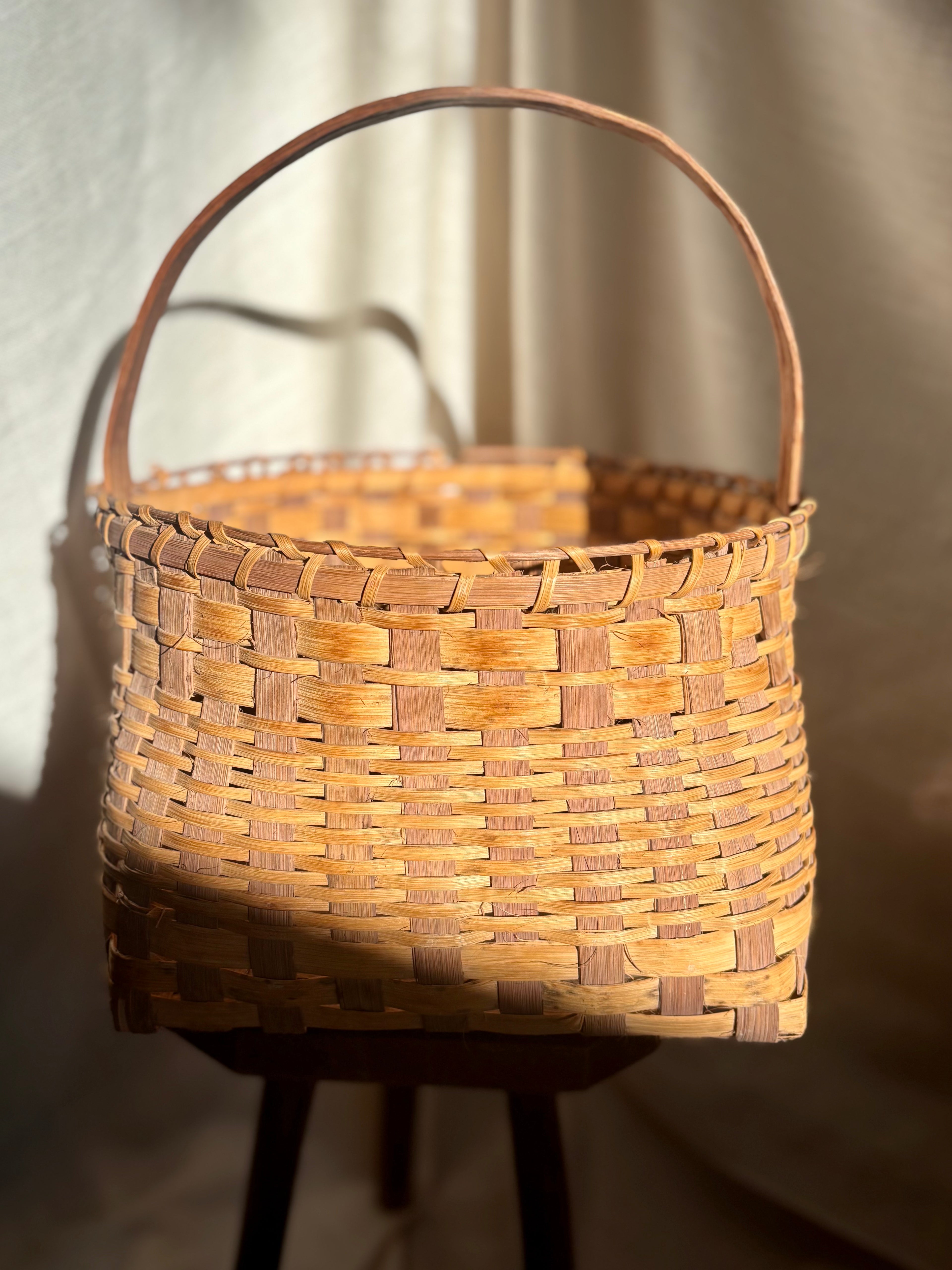 Woven Vintage Gathering Basket With Bentwood Handle
