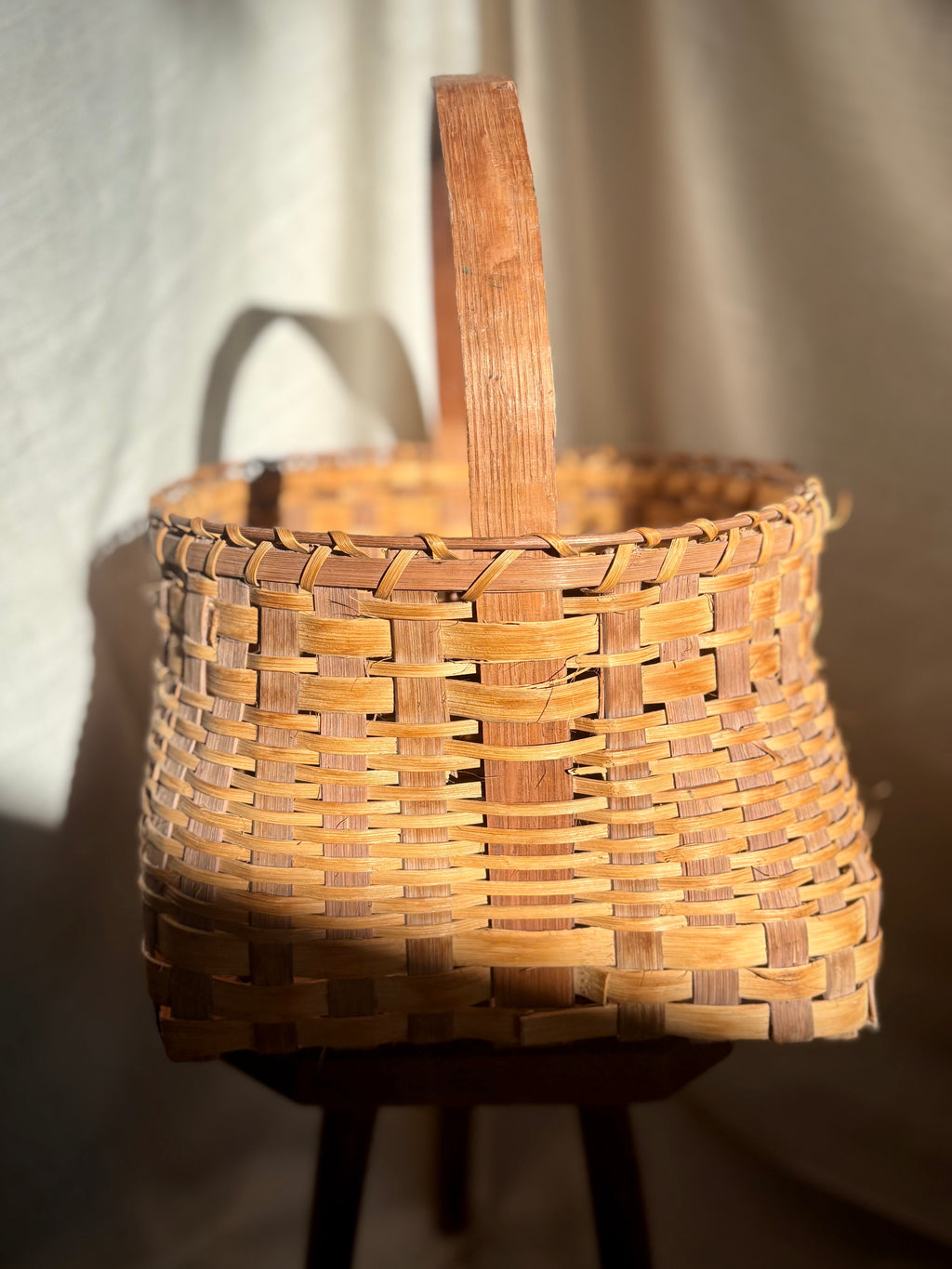 Woven Vintage Gathering Basket With Bentwood Handle