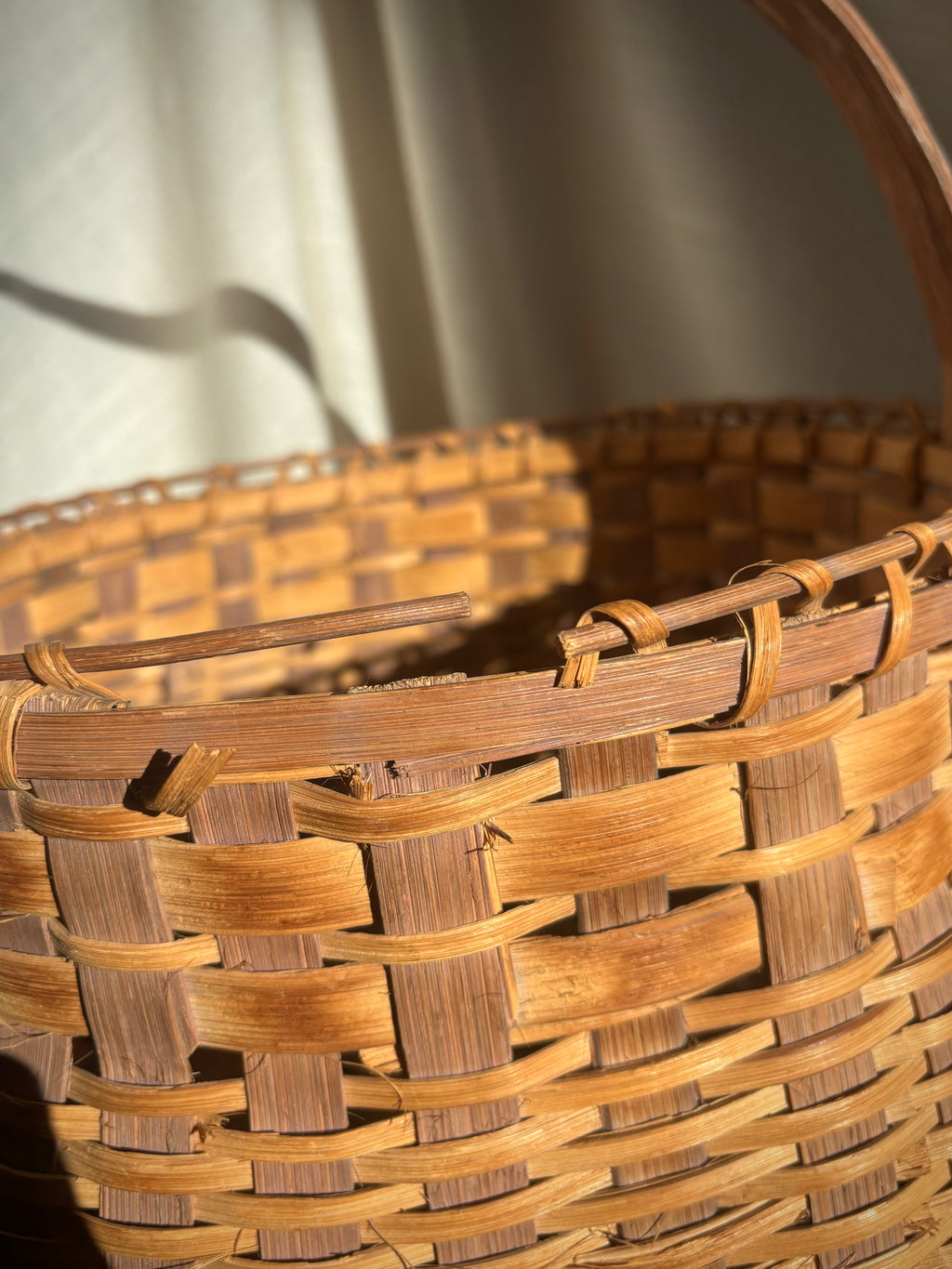 Woven Vintage Gathering Basket With Bentwood Handle