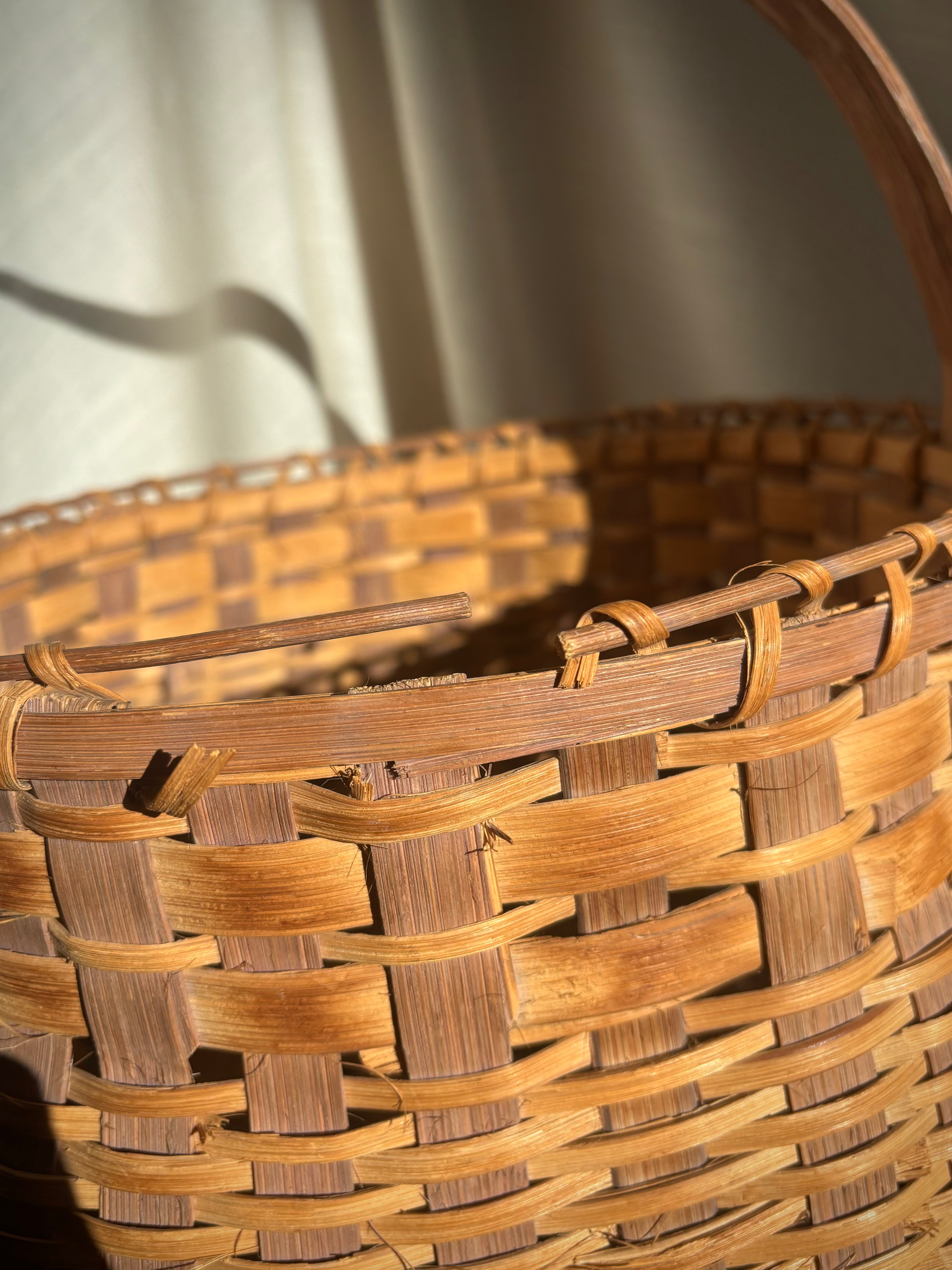 Woven Vintage Gathering Basket With Bentwood Handle