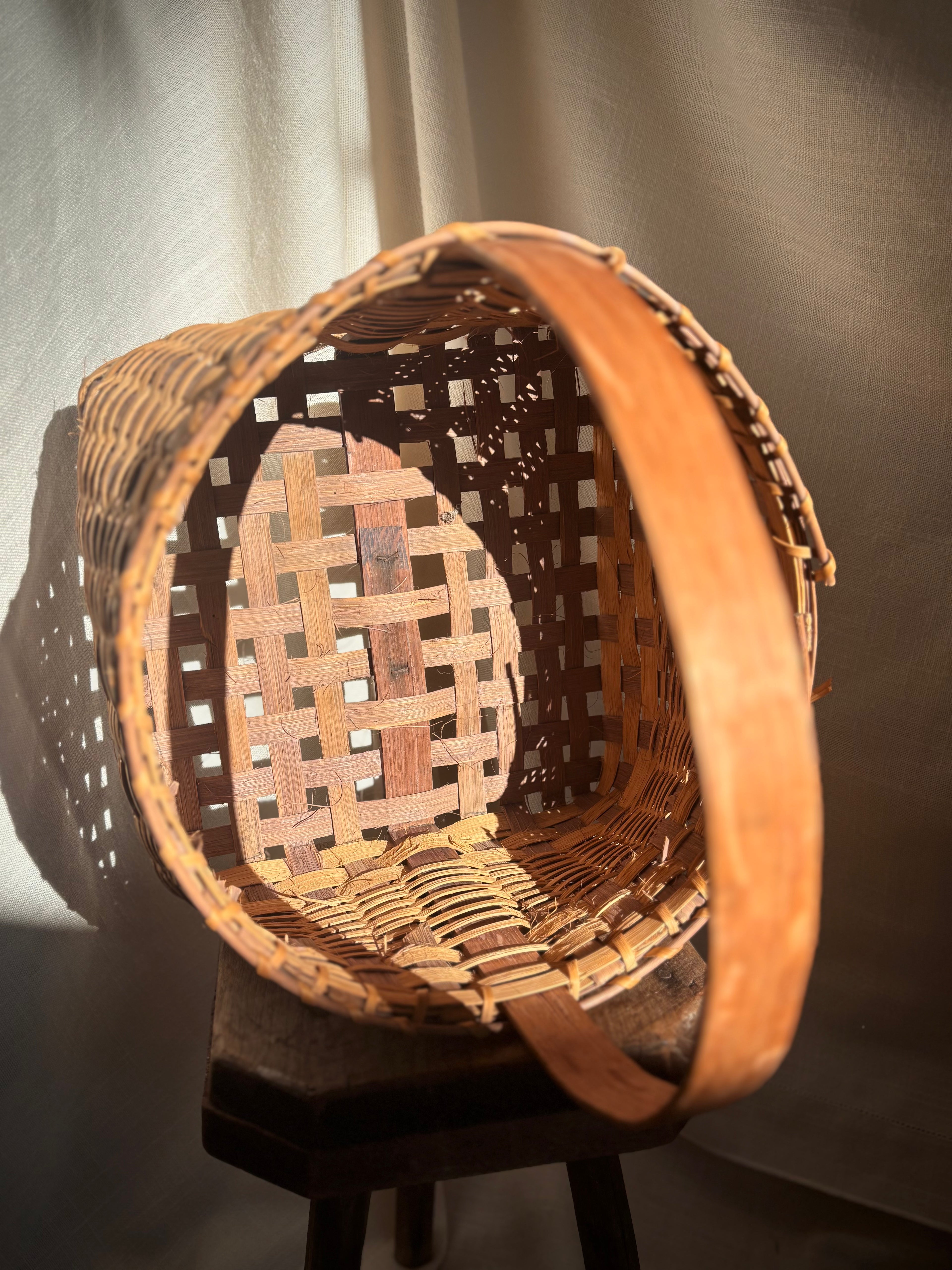 Woven Vintage Gathering Basket With Bentwood Handle