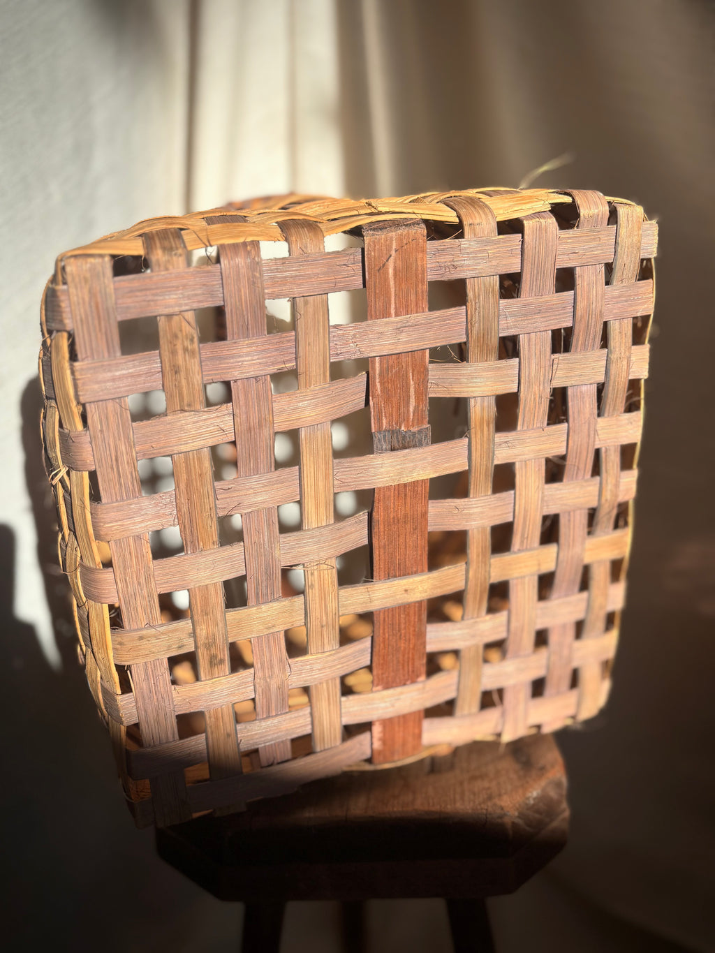 Woven Vintage Gathering Basket With Bentwood Handle