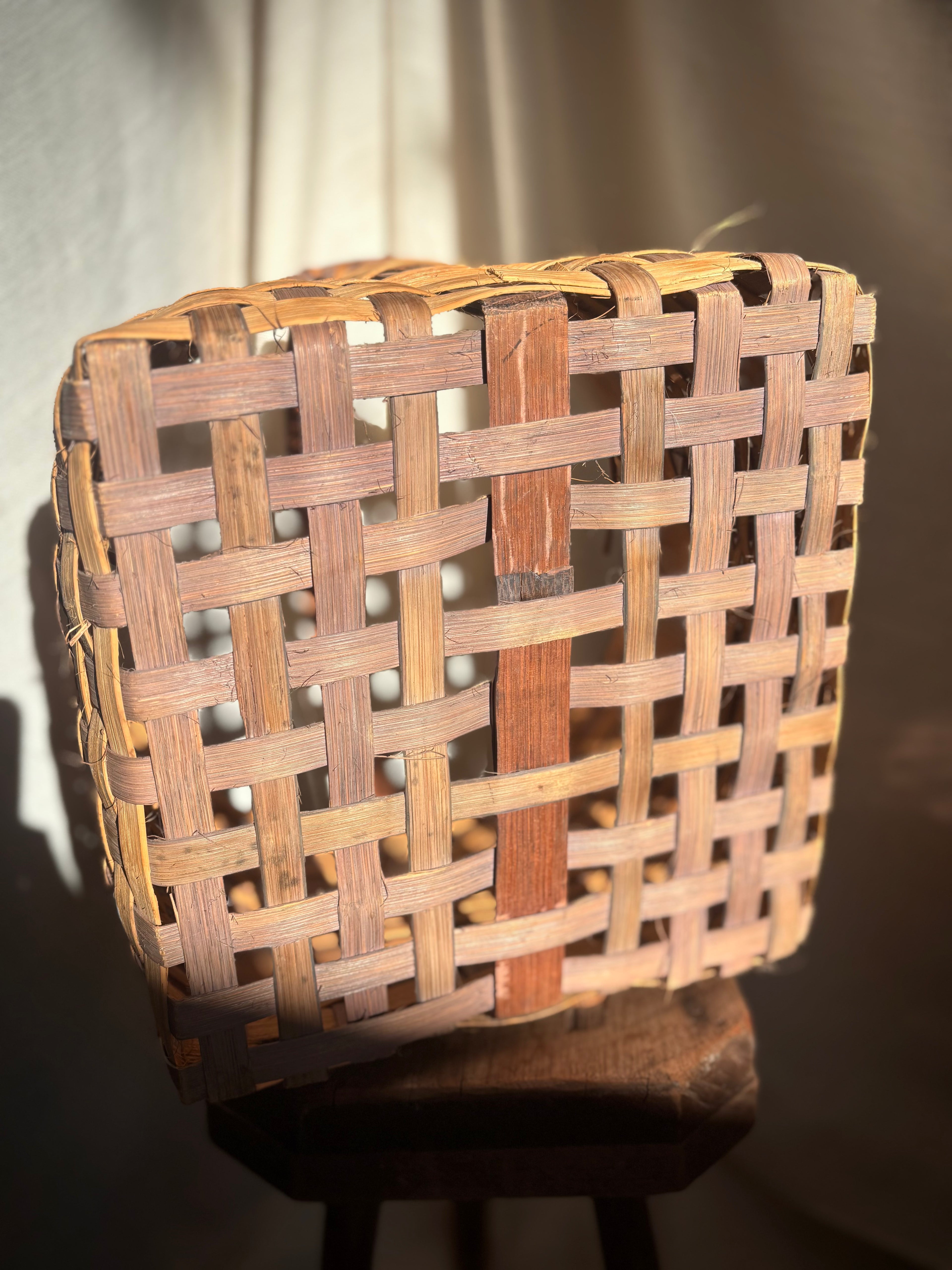 Woven Vintage Gathering Basket With Bentwood Handle