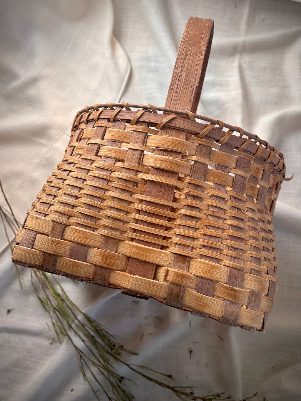 Woven Vintage Gathering Basket With Bentwood Handle