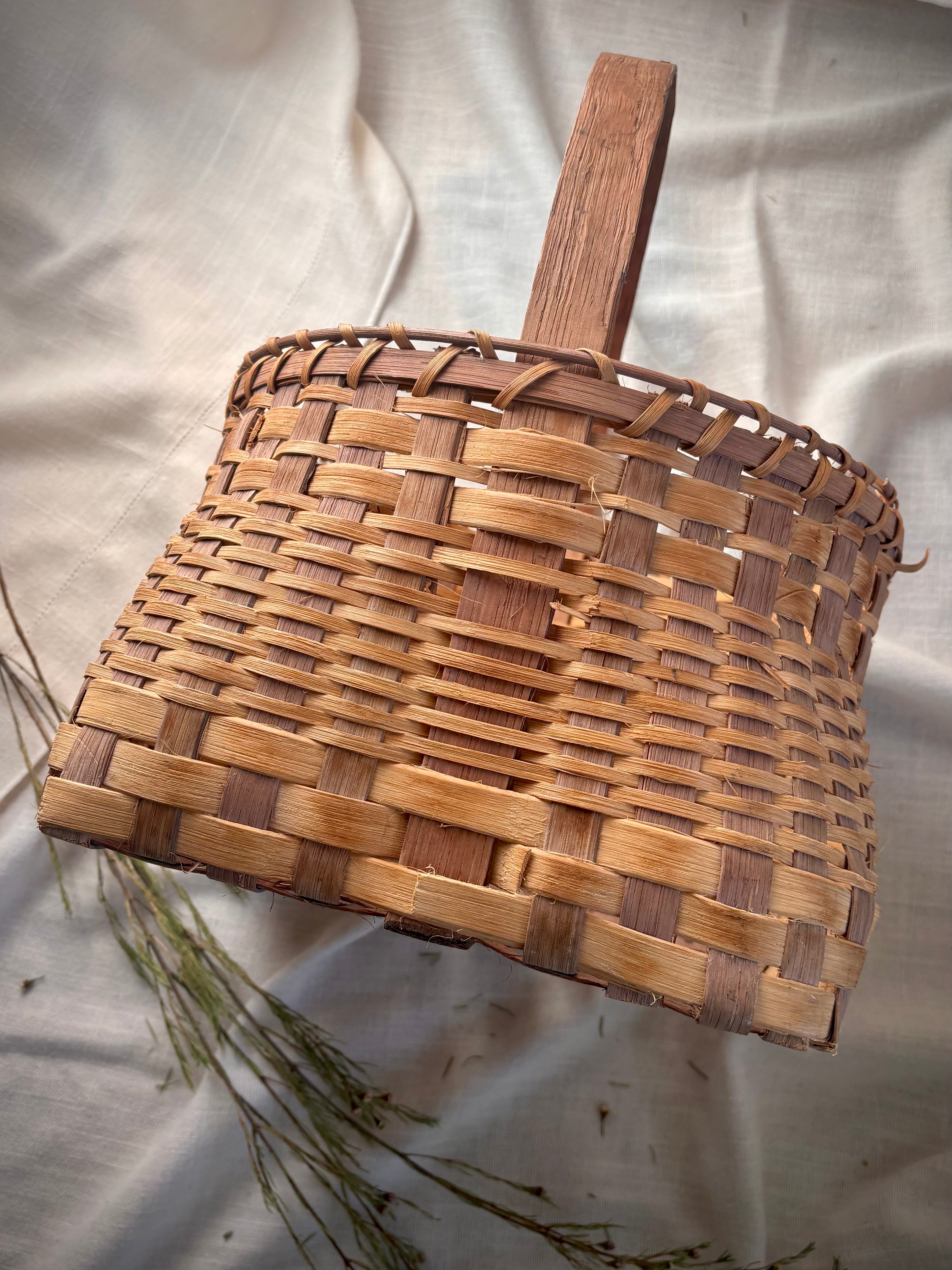 Woven Vintage Gathering Basket With Bentwood Handle