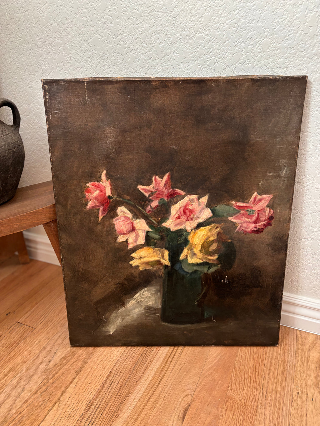 Antique French Still Life Roses in Vase Oil Painting on Canvas, c. 1880s