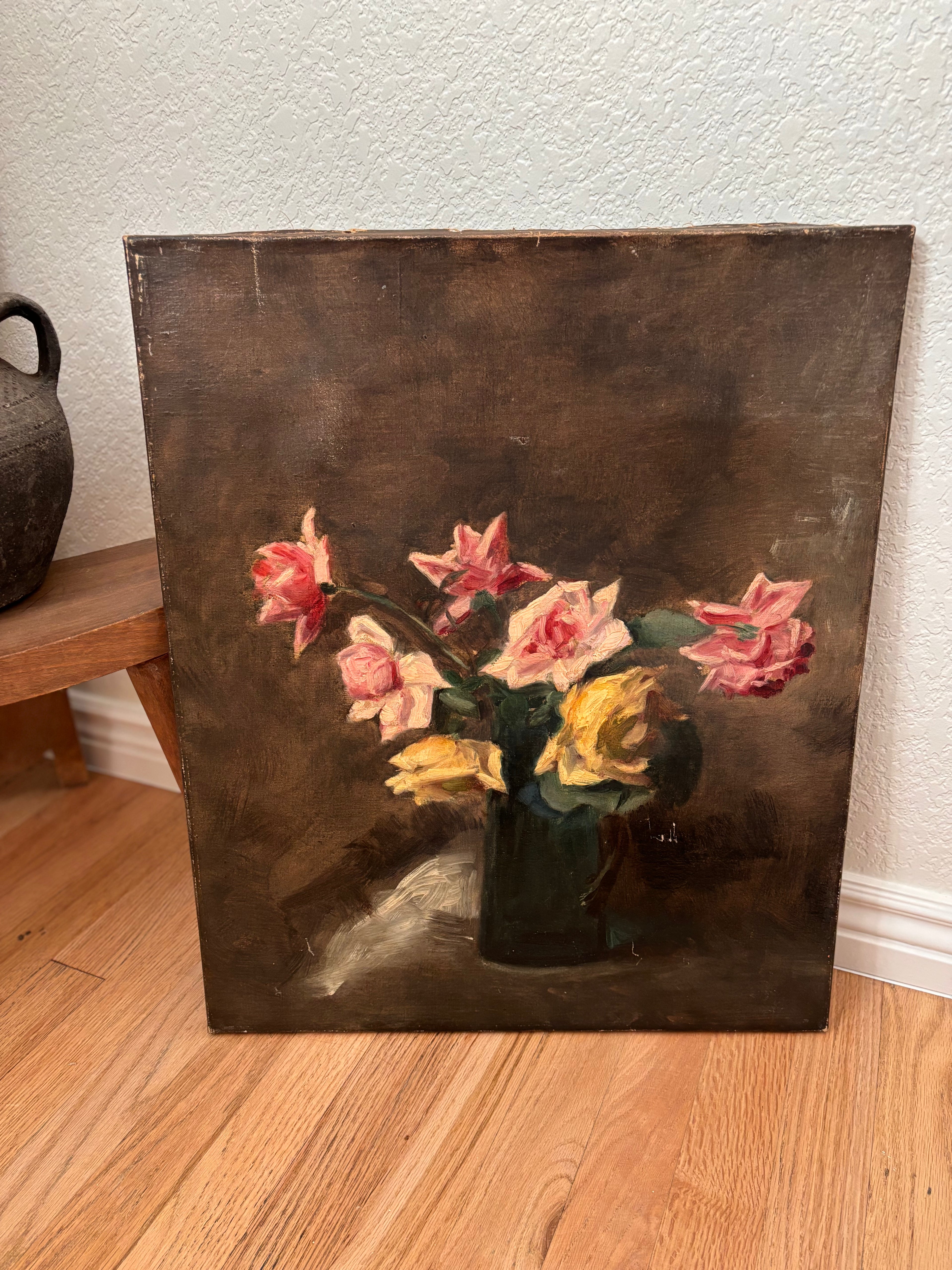 Antique French Still Life Roses in Vase Oil Painting on Canvas, c. 1880s