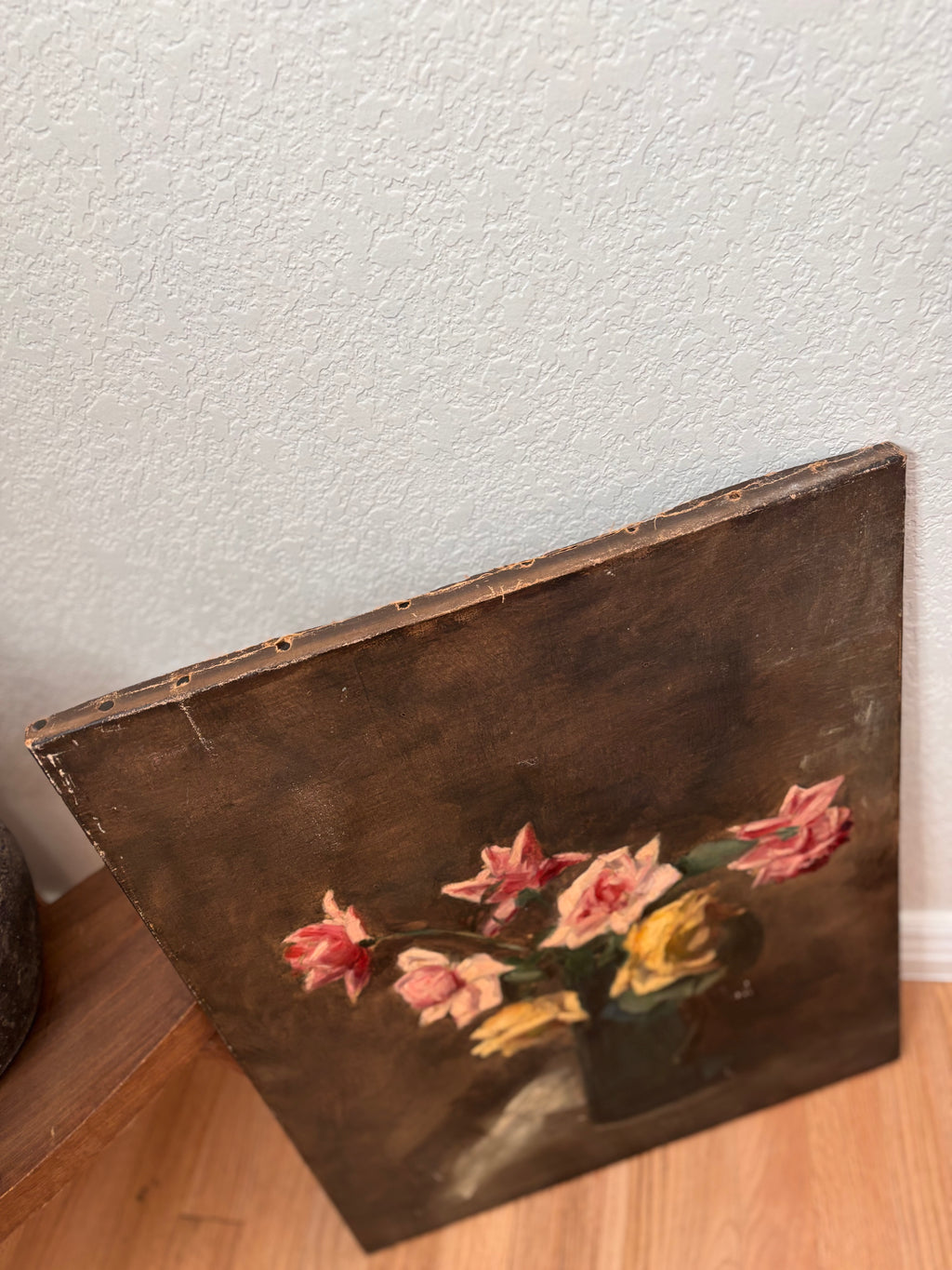 Antique French Still Life Roses in Vase Oil Painting on Canvas, c. 1880s