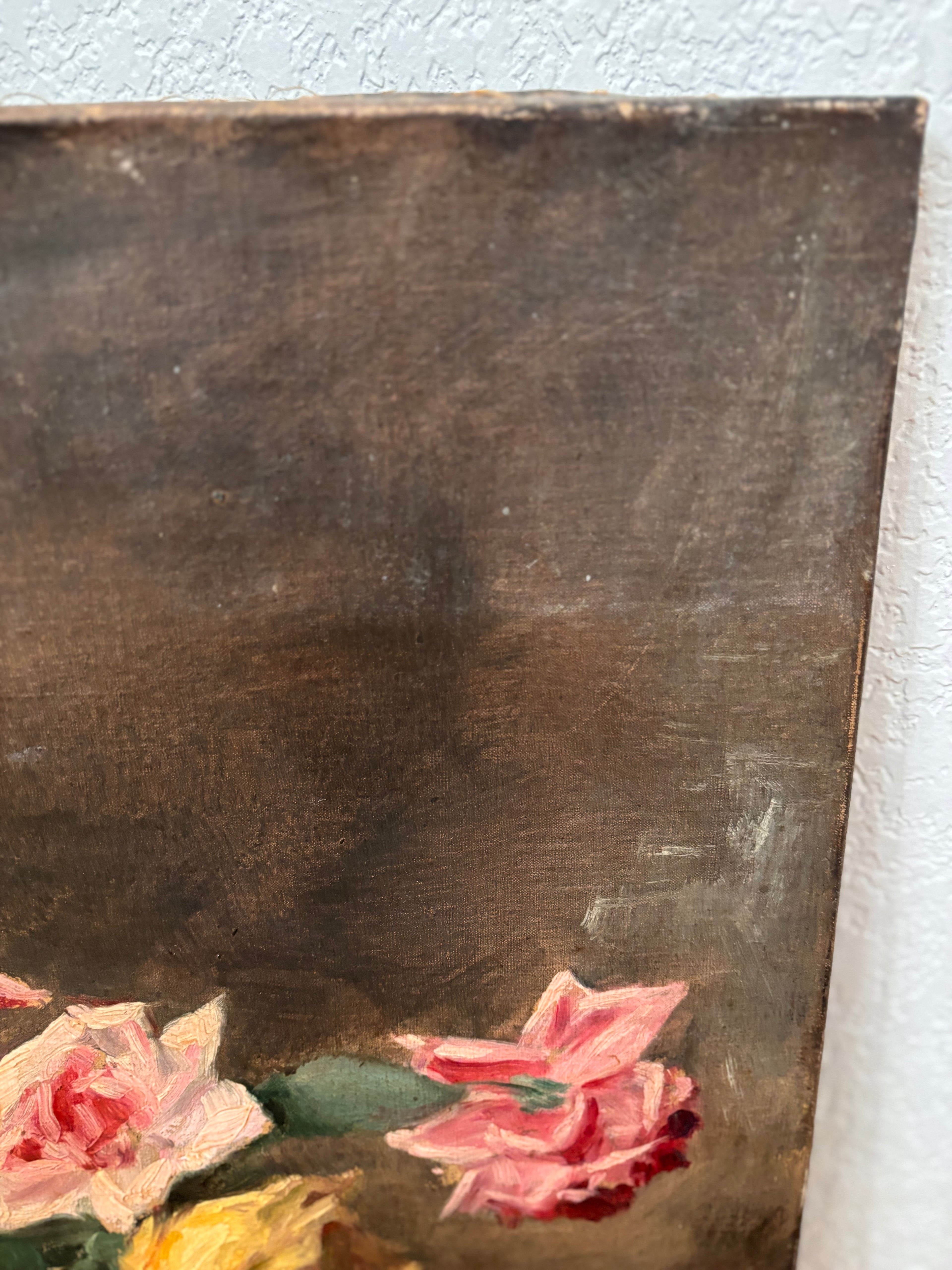 Antique French Still Life Roses in Vase Oil Painting on Canvas, c. 1880s