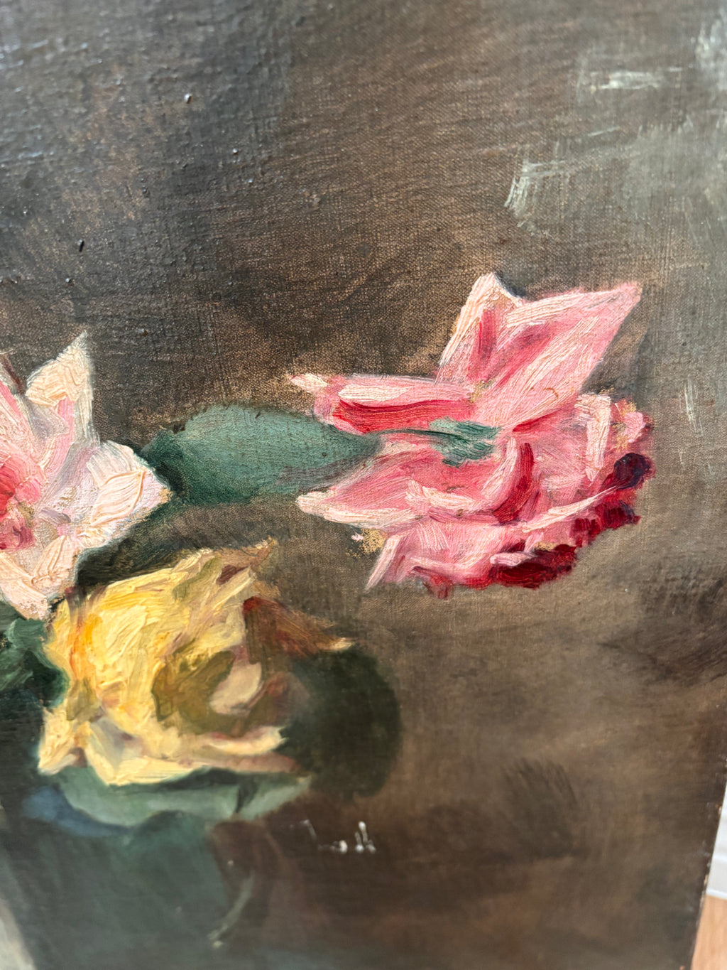 Antique French Still Life Roses in Vase Oil Painting on Canvas, c. 1880s