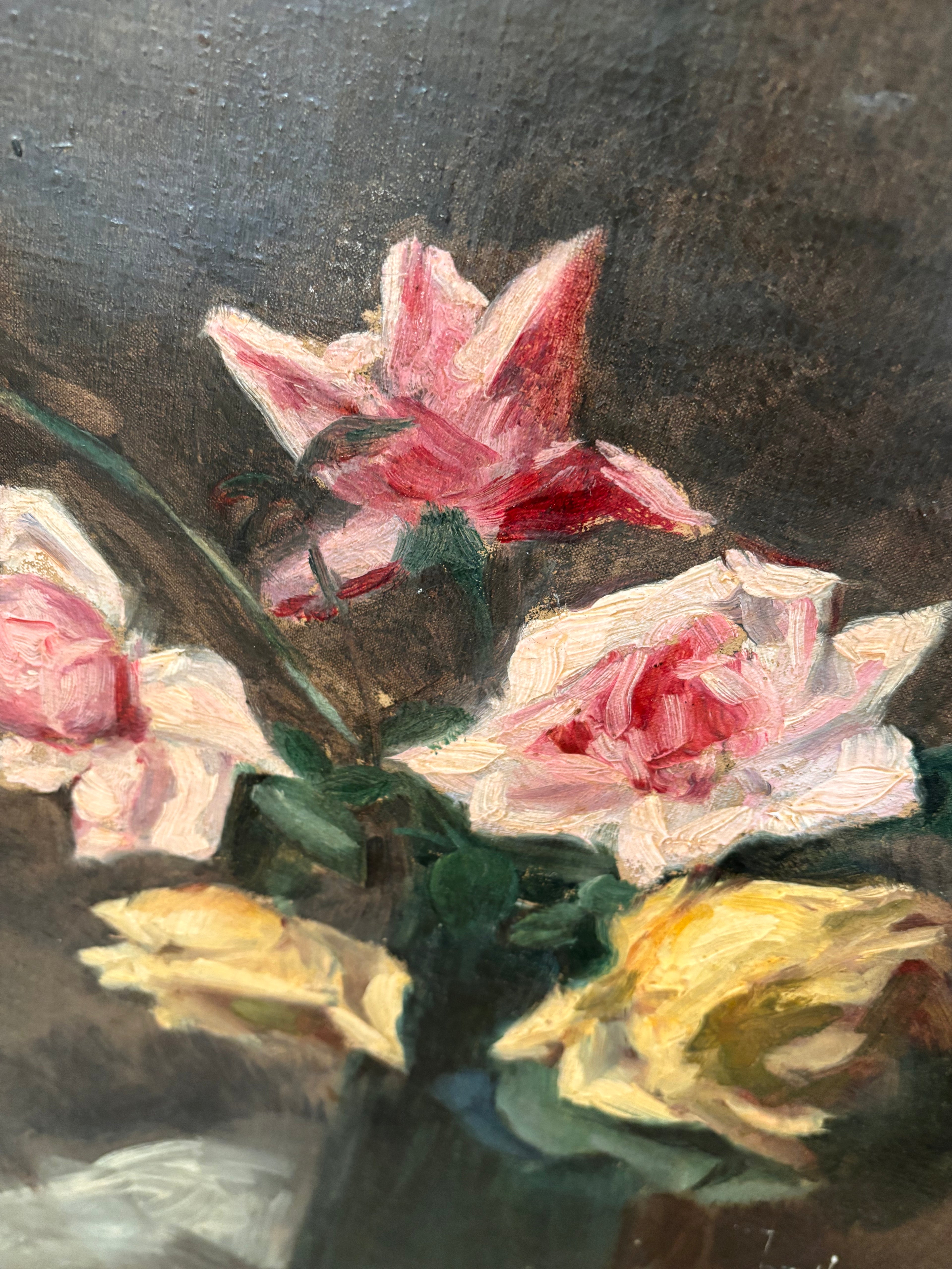 Antique French Still Life Roses in Vase Oil Painting on Canvas, c. 1880s
