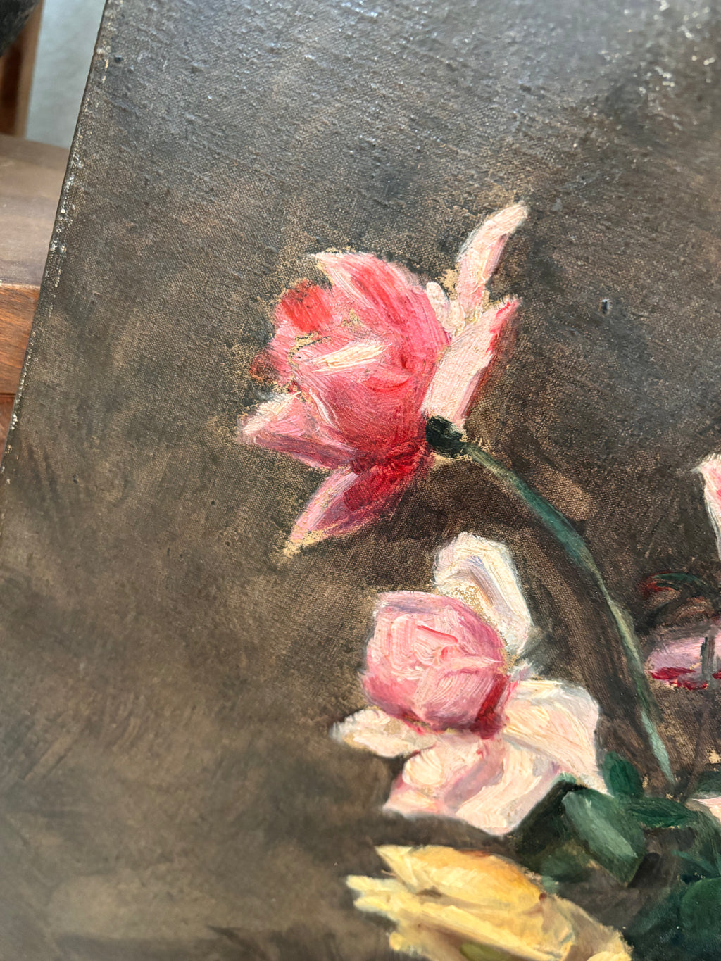 Antique French Still Life Roses in Vase Oil Painting on Canvas, c. 1880s