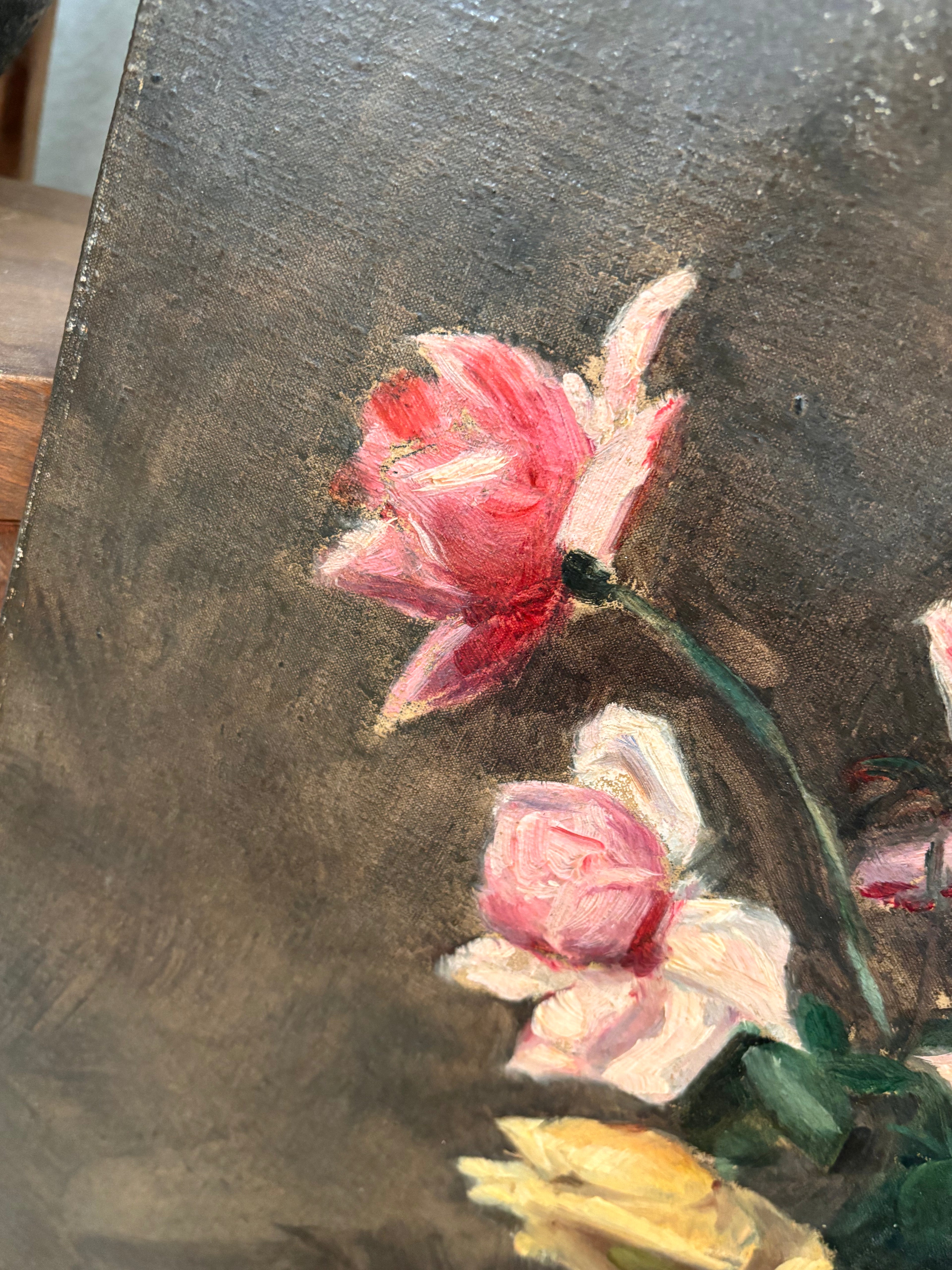 Antique French Still Life Roses in Vase Oil Painting on Canvas, c. 1880s