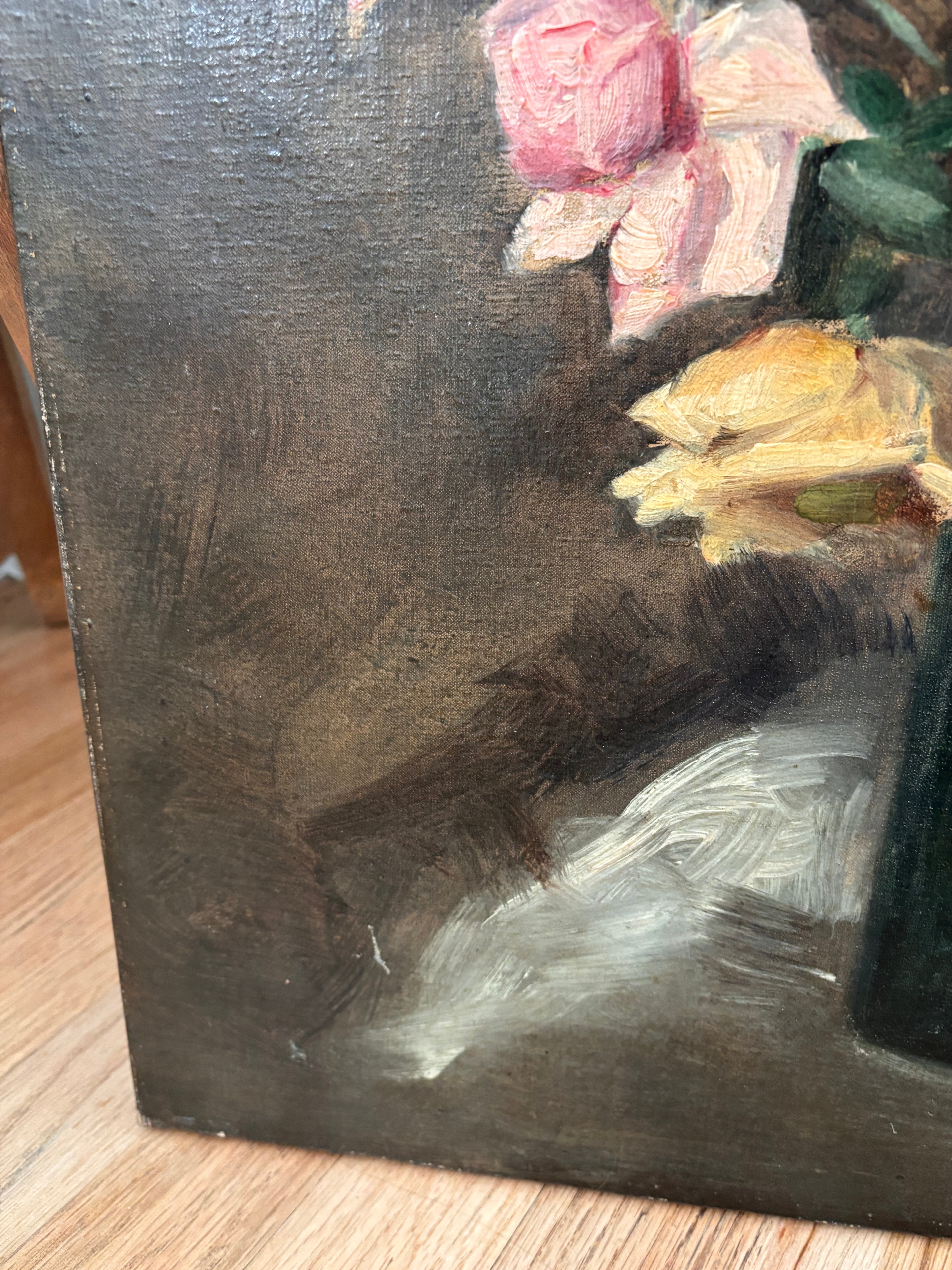 Antique French Still Life Roses in Vase Oil Painting on Canvas, c. 1880s