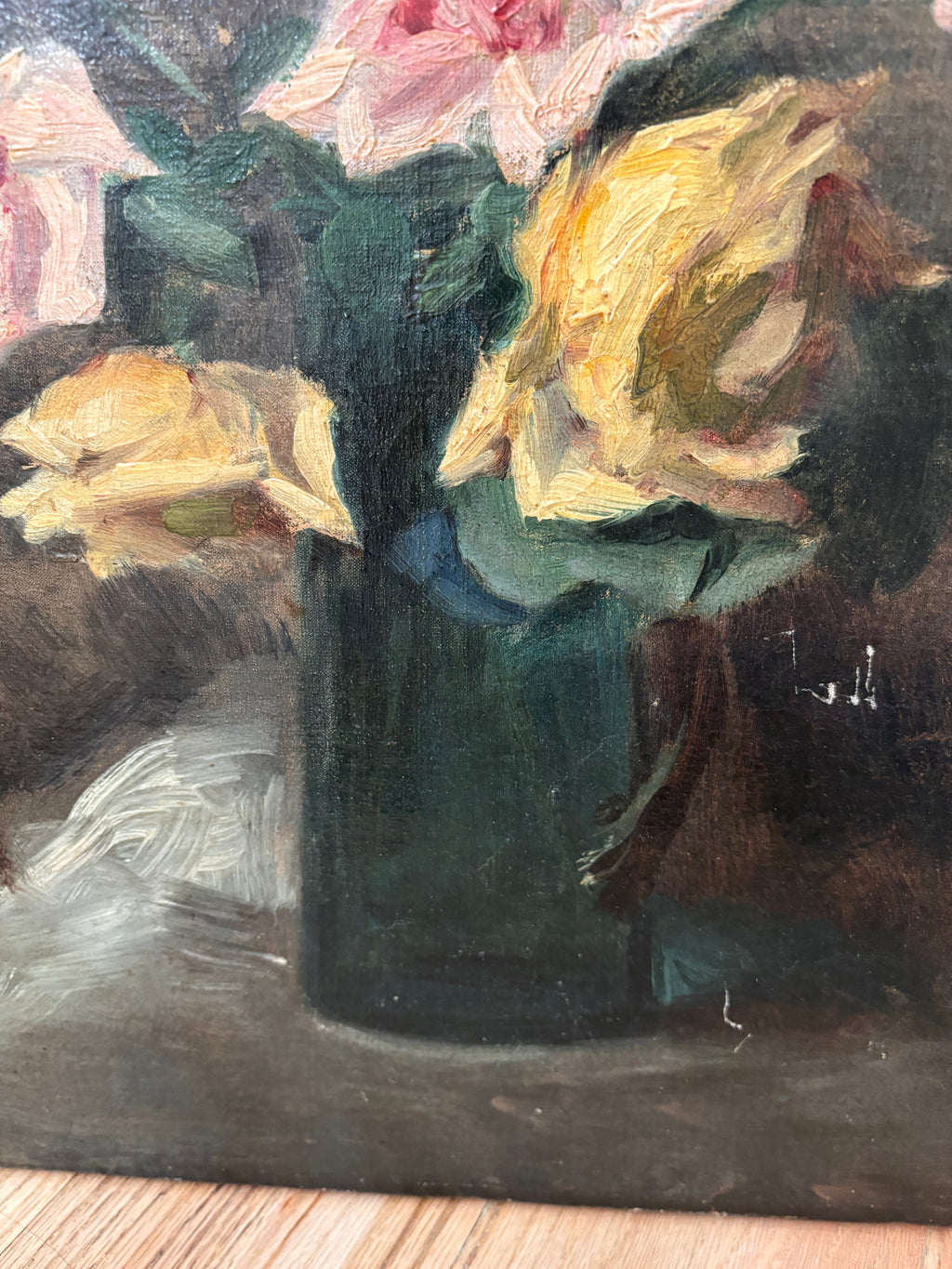 Antique French Still Life Roses in Vase Oil Painting on Canvas, c. 1880s